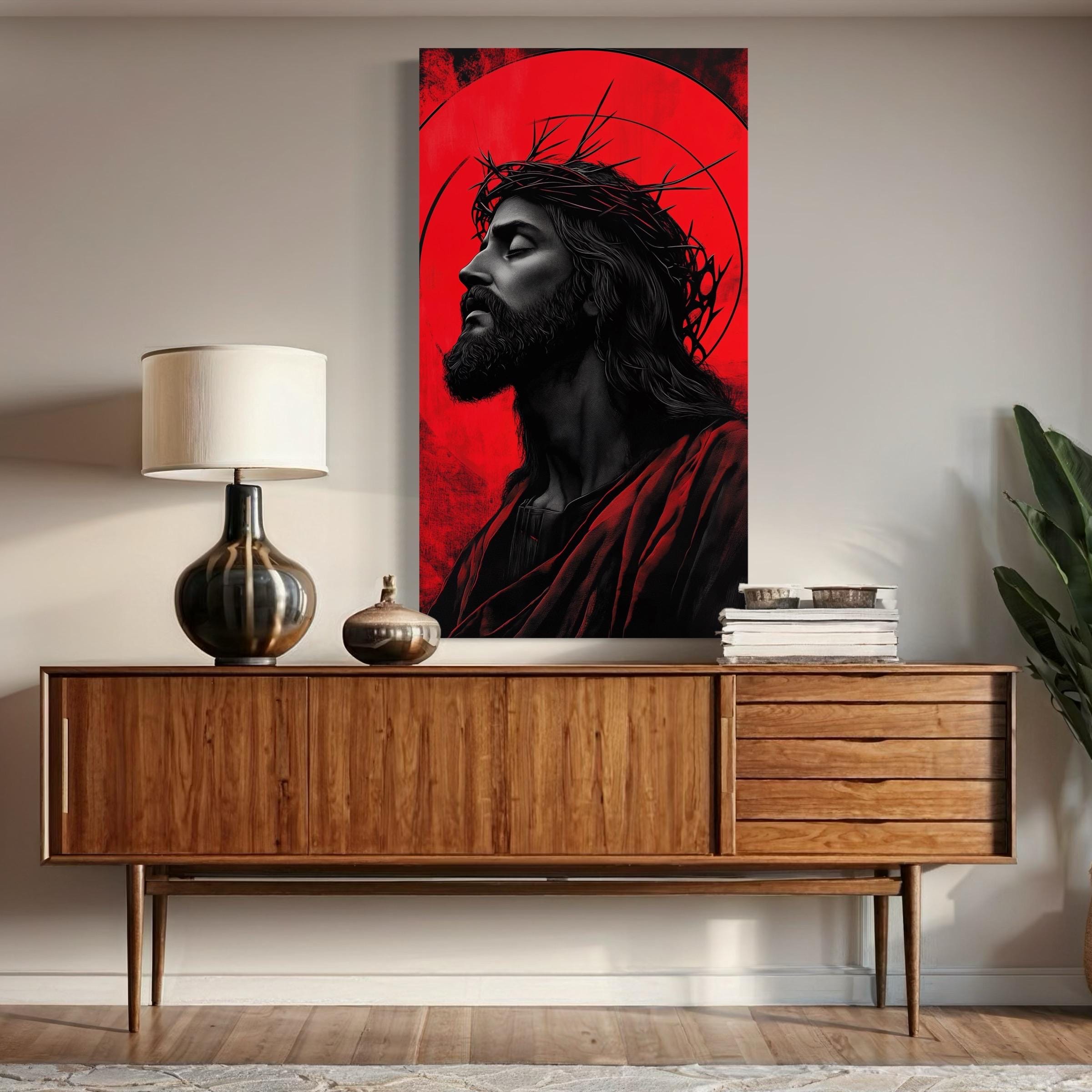 Jezus Christus wanddecoratie - religieuze christelijke canvasprint, modern Jezusportret, doornenkroonschilderij, spiritueel kunstwerk voor huisdecoratie