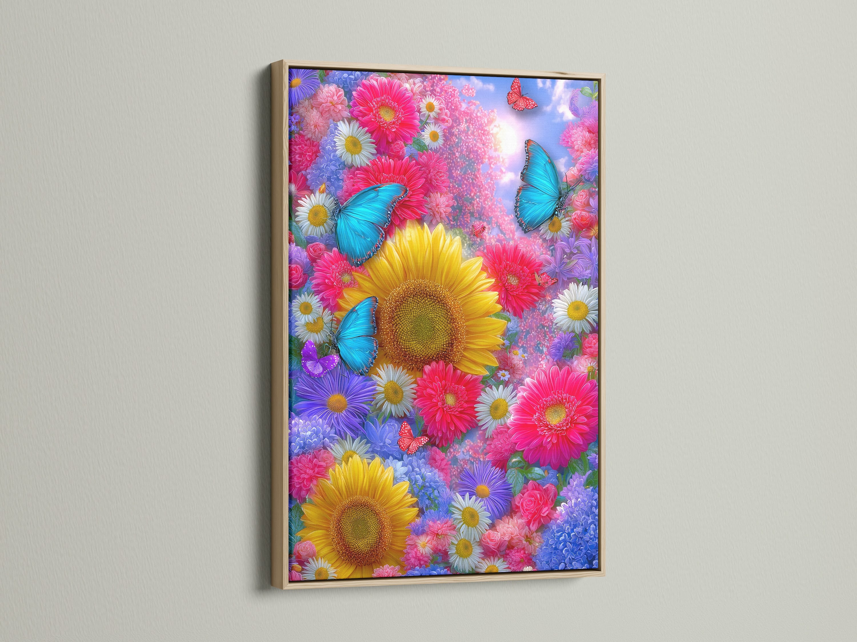 The butterfly flower garden artwork is showcased in an oak frame. The artwork features a sunflower and butterfly. The oak frame enhances the artwork's natural aesthetic. Perfect as living room wall art or bedroom wall decor. It adds a touch of nature and color.