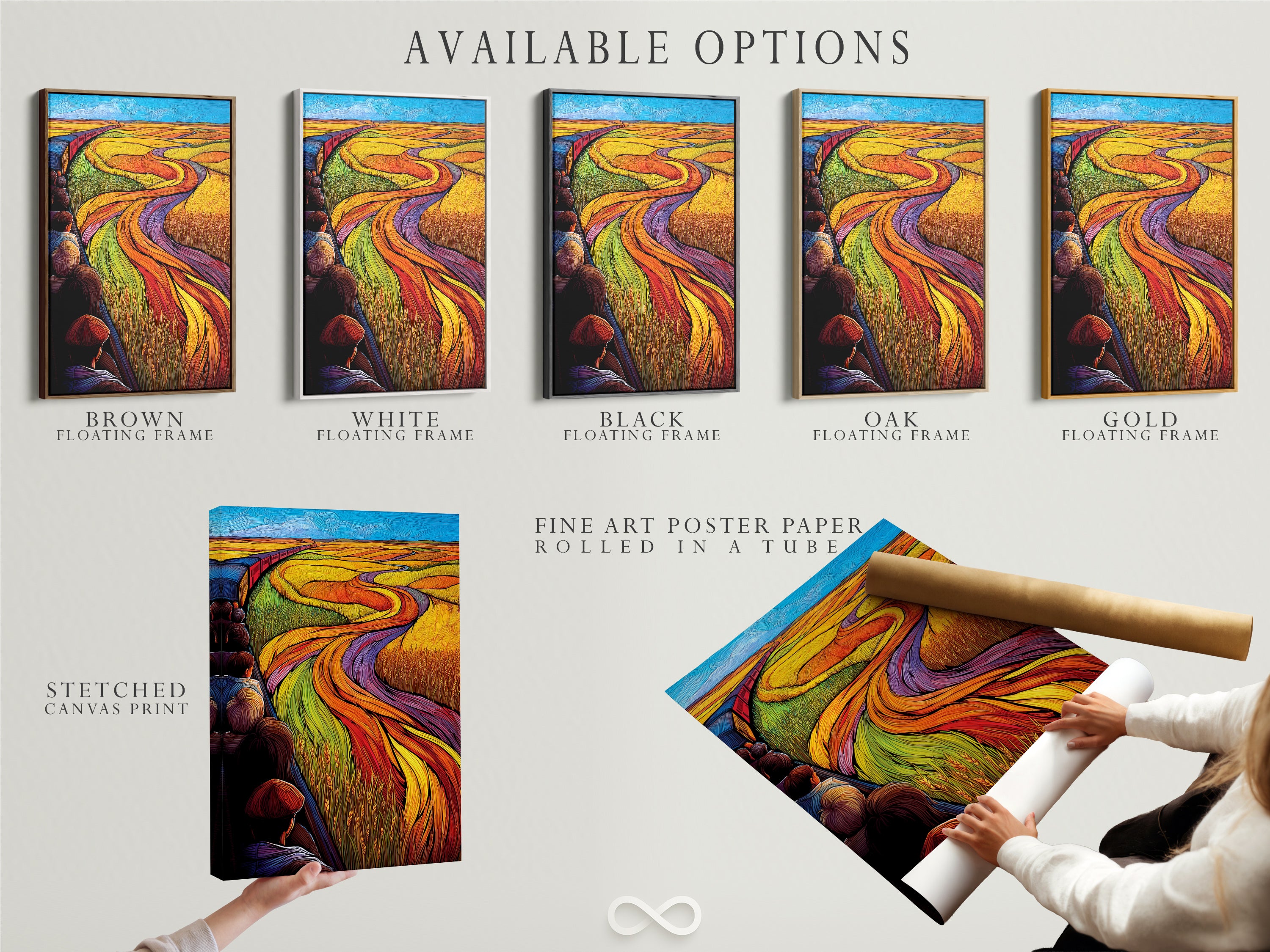 Available options for 'Train Journey' artwork including stretched canvas print fine art poster paper and floating frame. Choose the perfect option to suit your style and decor preferences. This modern artwork features a colorful landscape and train theme. Enhance your space with this journey print in your preferred format. Explore the possibilities.