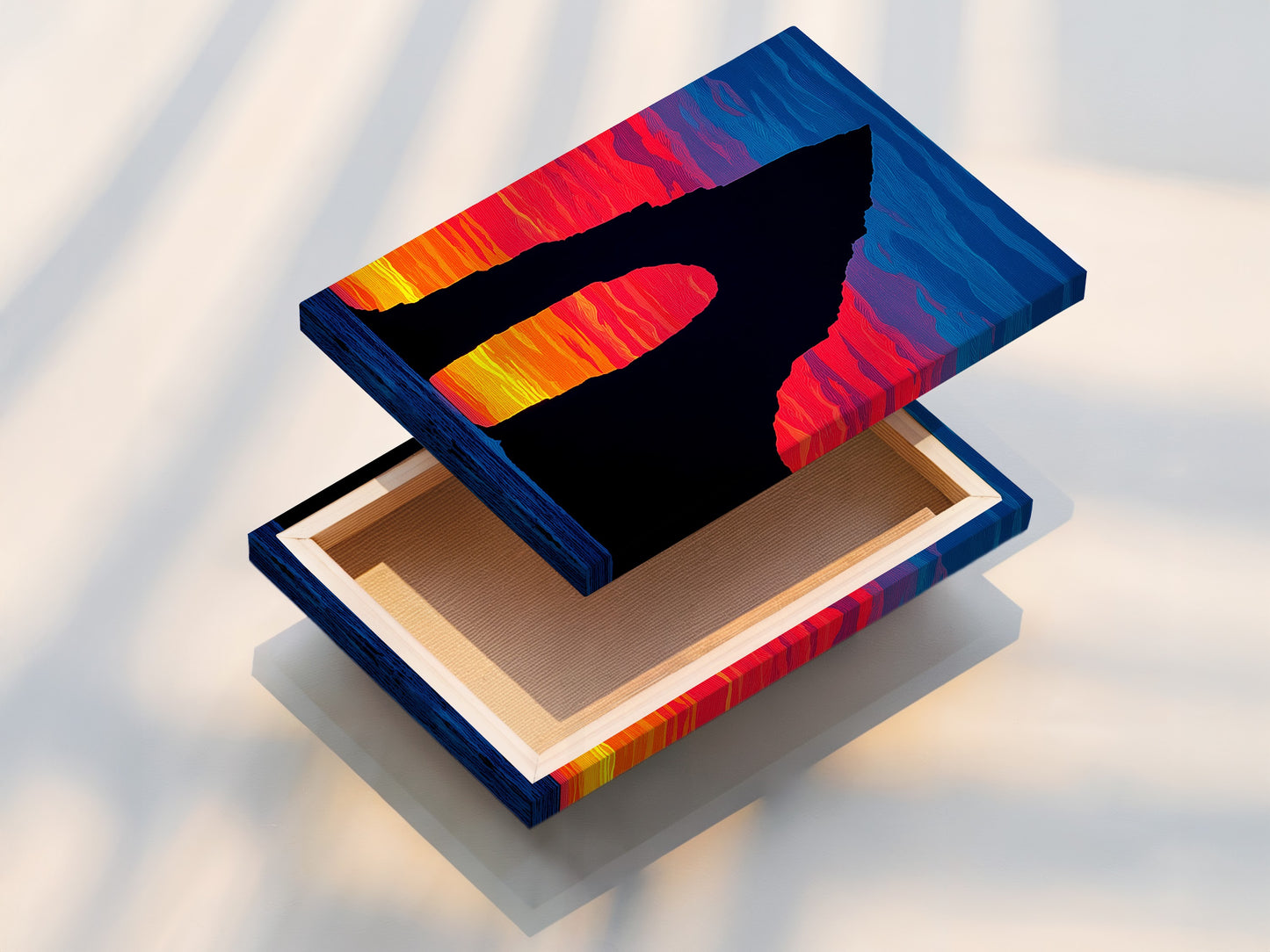 A stretched canvas print is showcased. The coastal arch canvas print is stretched for a gallery-ready look. Modern ocean view artwork is perfect for creating a focal point. The sunset seascape wall art adds a touch of color to your space. Elevate your home decor with this stunning stretched canvas print.