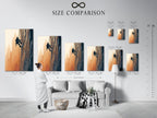A size comparison chart is displayed in an interior setting. See how the rock climbing artwork fits. Various sizes are available. Plan your adventure decor easily.
