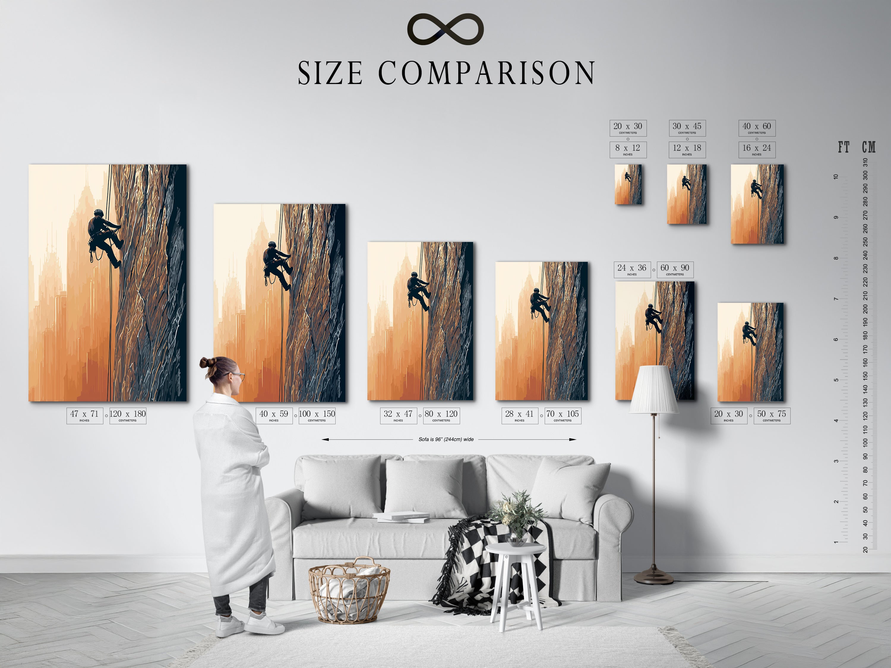 A size comparison chart is displayed in an interior setting. See how the rock climbing artwork fits. Various sizes are available. Plan your adventure decor easily.
