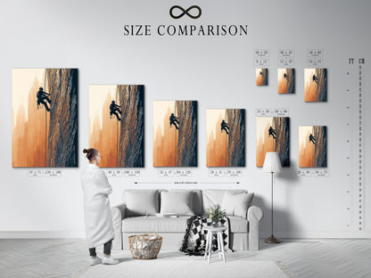 A size comparison chart is displayed in an interior setting. See how the rock climbing artwork fits. Various sizes are available. Plan your adventure decor easily.