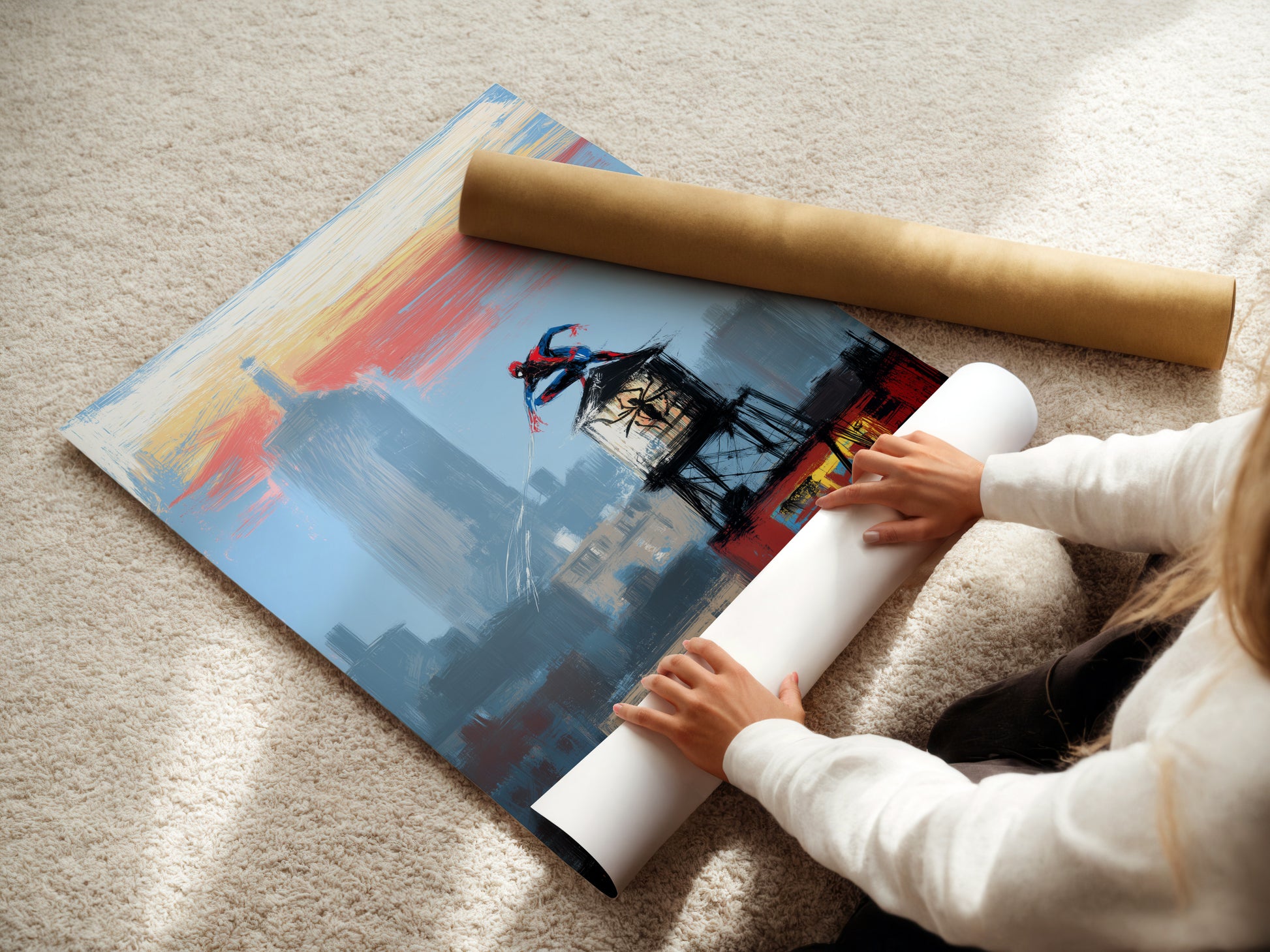 A woman is carefully rolling a fine art poster paper featuring an urban cityscape. This high-quality print captures the essence of NYC with its superhero and skyline artwork. Ideal for collectors and art enthusiasts.