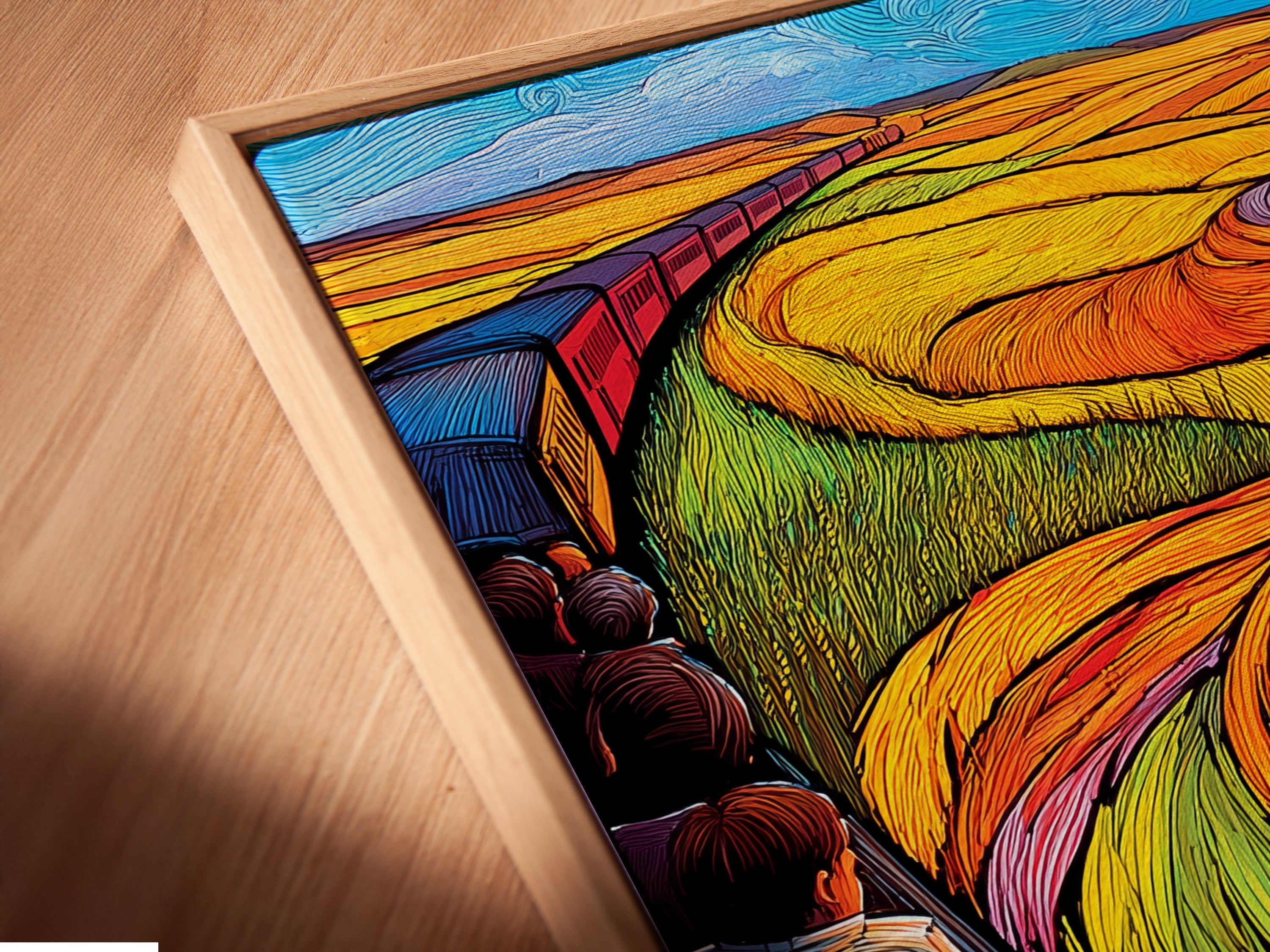 Angled close-up of a canvas print in a floating frame displaying 'Train Journey' artwork. The floating frame enhances the artwork creating a gallery-like appearance. This modern artwork adds a contemporary touch to your home or office decor. The colorful landscape and train theme bring a unique aesthetic. Perfect for art enthusiasts.
