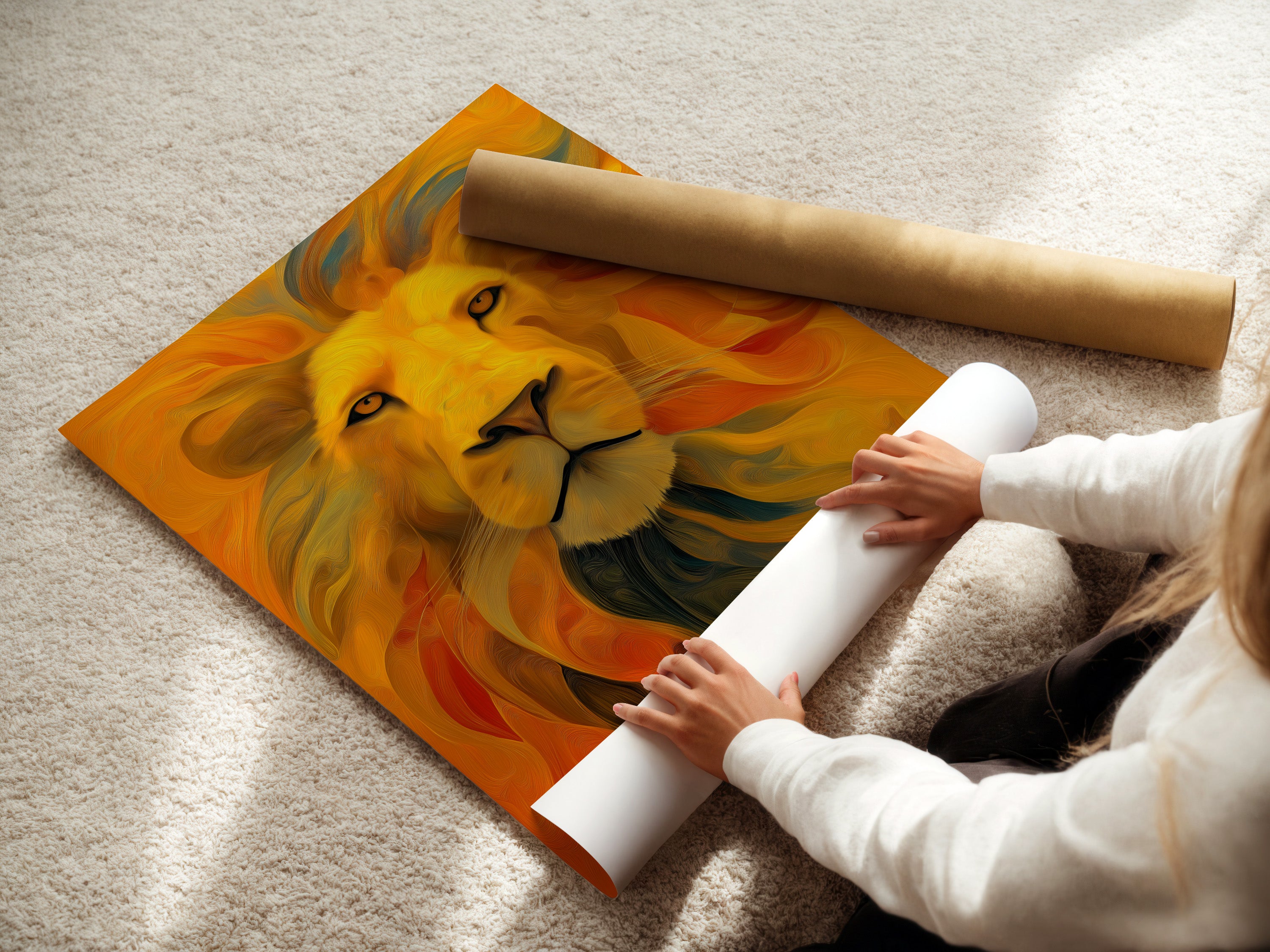 A woman carefully rolls a fine art poster paper. This highlights the care and quality of the art materials. High-quality poster paper ensures vibrant and lasting prints. Discover the beauty of fine art posters. Bring museum-quality art into your home.
