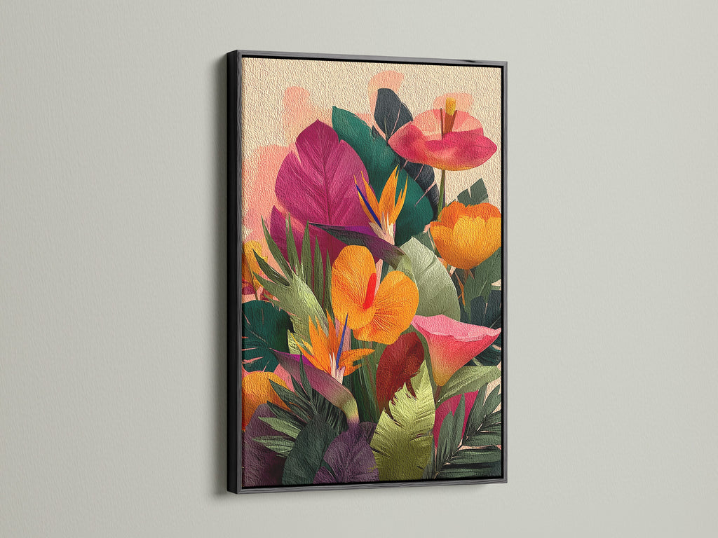 A black frame showcases a floral artwork. The artwork has vibrant leaves and blooms. The black frame provides a bold and classic touch. It creates a striking contrast with the artwork. This framed artwork adds sophistication to the space.