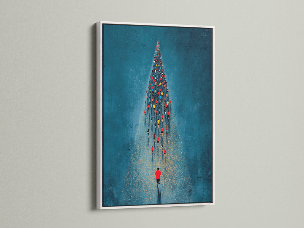 The aerial swimmers artwork is presented in a crisp white frame. This swimming wall art brings a refreshing ocean vibe to your decor. The white frame accentuates the teal and blue hues. The artwork is suited for contemporary and minimalist styles. It's a great addition to any home office or sports clinic.