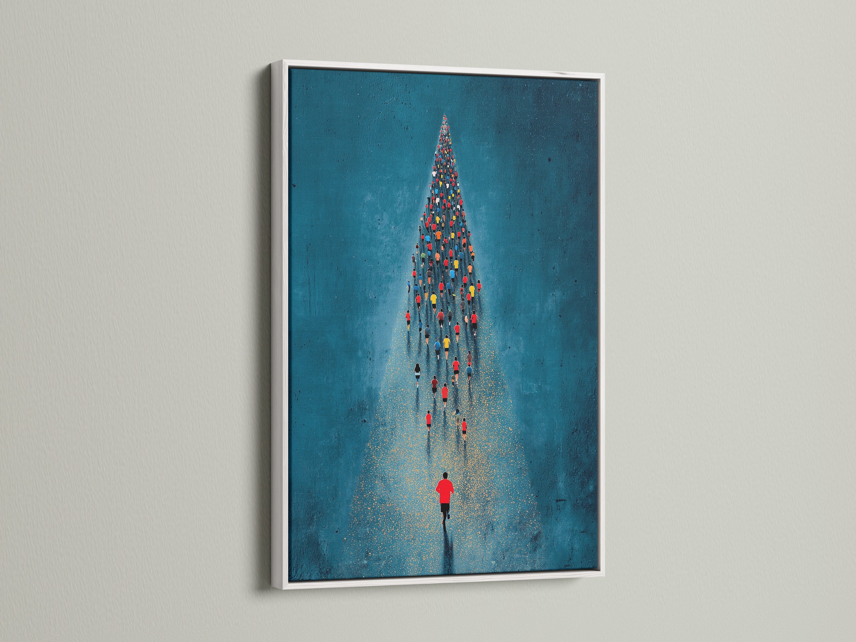 The aerial swimmers artwork is presented in a crisp white frame. This swimming wall art brings a refreshing ocean vibe to your decor. The white frame accentuates the teal and blue hues. The artwork is suited for contemporary and minimalist styles. It's a great addition to any home office or sports clinic.