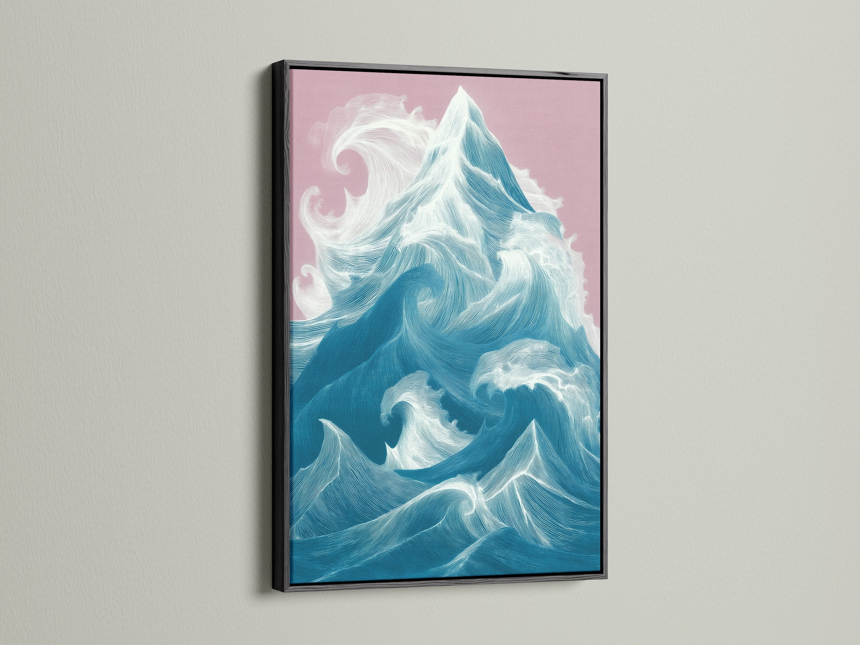 Ocean Wave art in a Black frame. This striking piece brings a modern coastal feel to any space. The black frame adds a touch of sophistication. Ideal for spas studios lobbies clinics cafés and boardrooms.
