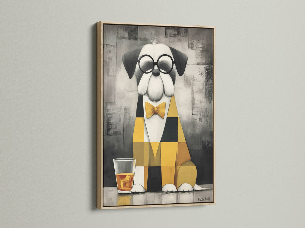 Dog with Bowtie canvas art print in an oak frame. This whimsical pet wall art features a dog wearing glasses and a bowtie. Stylish modern animal art print complements contemporary interiors. Ideal for dog lovers.