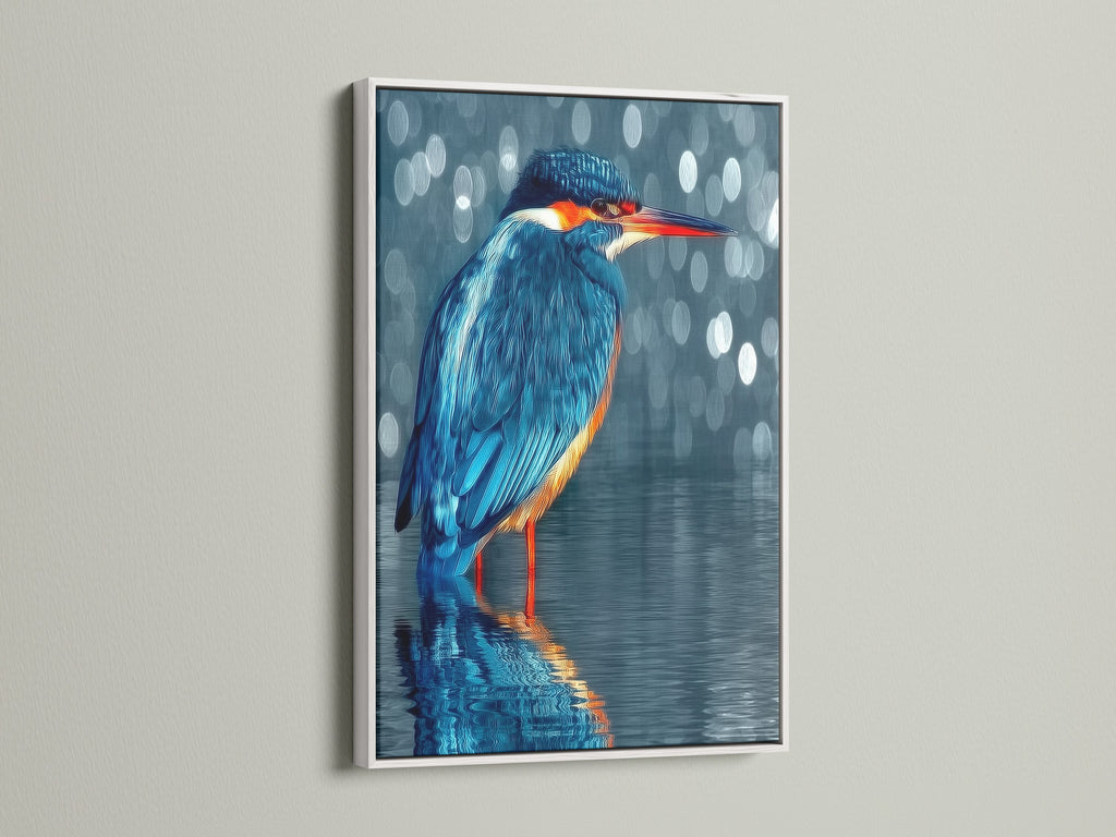 A white frame highlights the kingfisher artwork. The teal bird wall art complements modern decor. This photography print brings nature indoors. A perfect piece for Scandinavian or minimalist styles