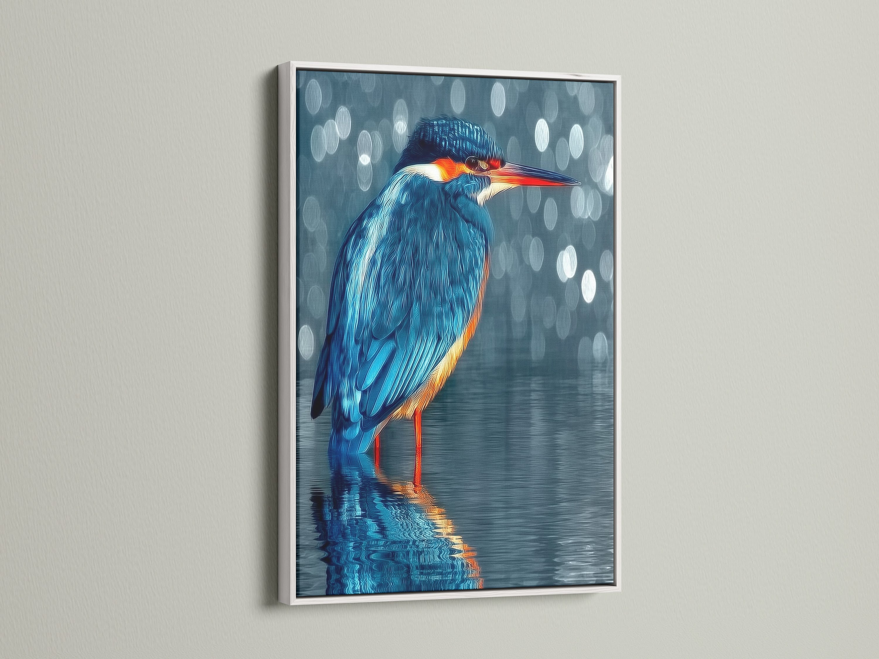A white frame highlights the kingfisher artwork. The teal bird wall art complements modern decor. This photography print brings nature indoors. A perfect piece for Scandinavian or minimalist styles