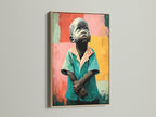 The Thoughtful Boy artwork is showcased in an oak frame. The oak frame enhances the emotional portrait. It is ideal for study room decor. The teal and coral colors pop against the neutral wood. This portrait canvas will add warmth to your modern wall art collection.