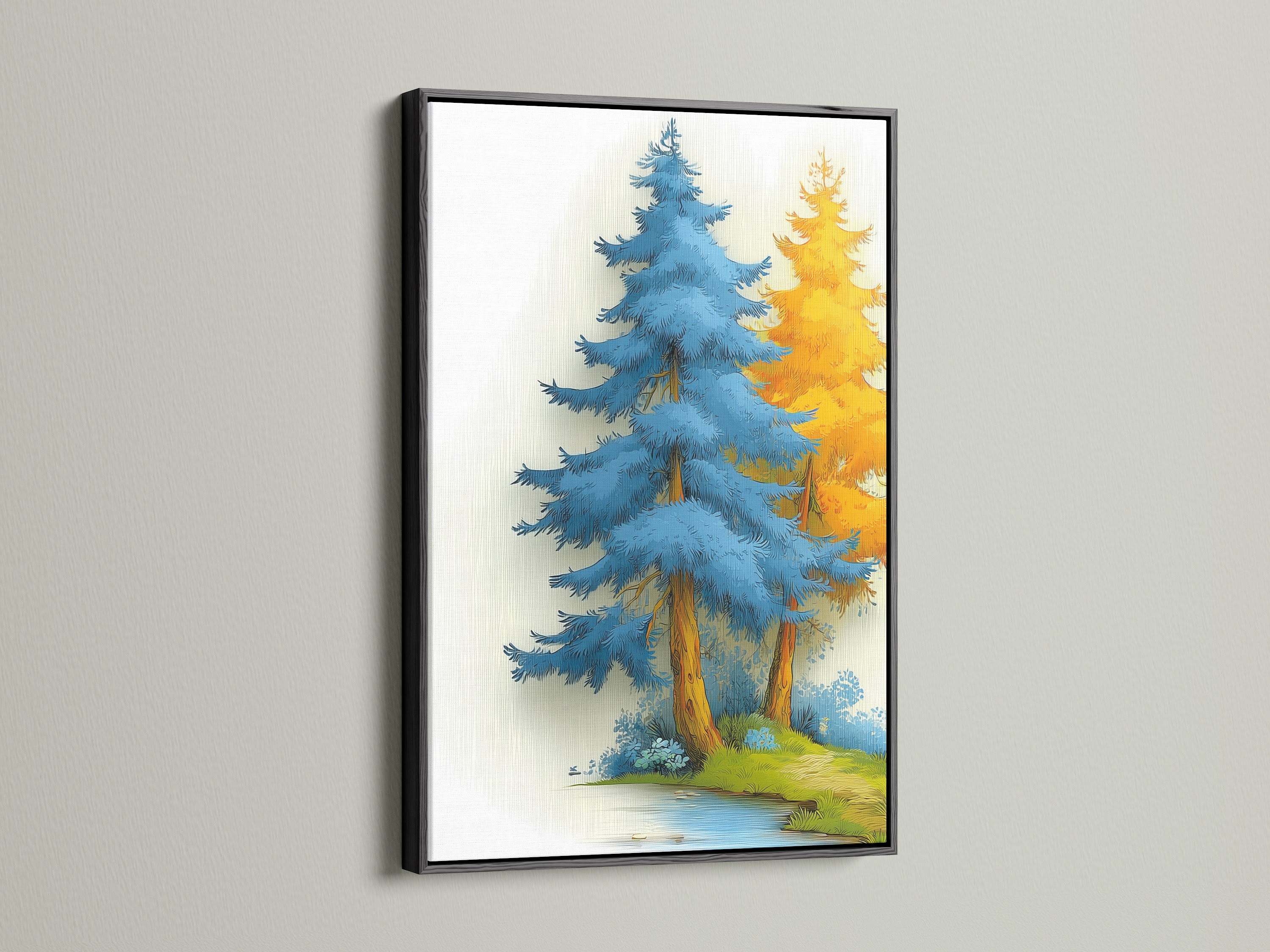 The Blue Forest artwork is elegantly presented in a black frame. The black frame offers a sophisticated contrast. The modern artwork stands out. This forest canvas art suits various interior styles. It's ideal for creating a focal point in lobbies. The teal and gold tree wall art adds depth. Perfect for cafes and boardrooms.