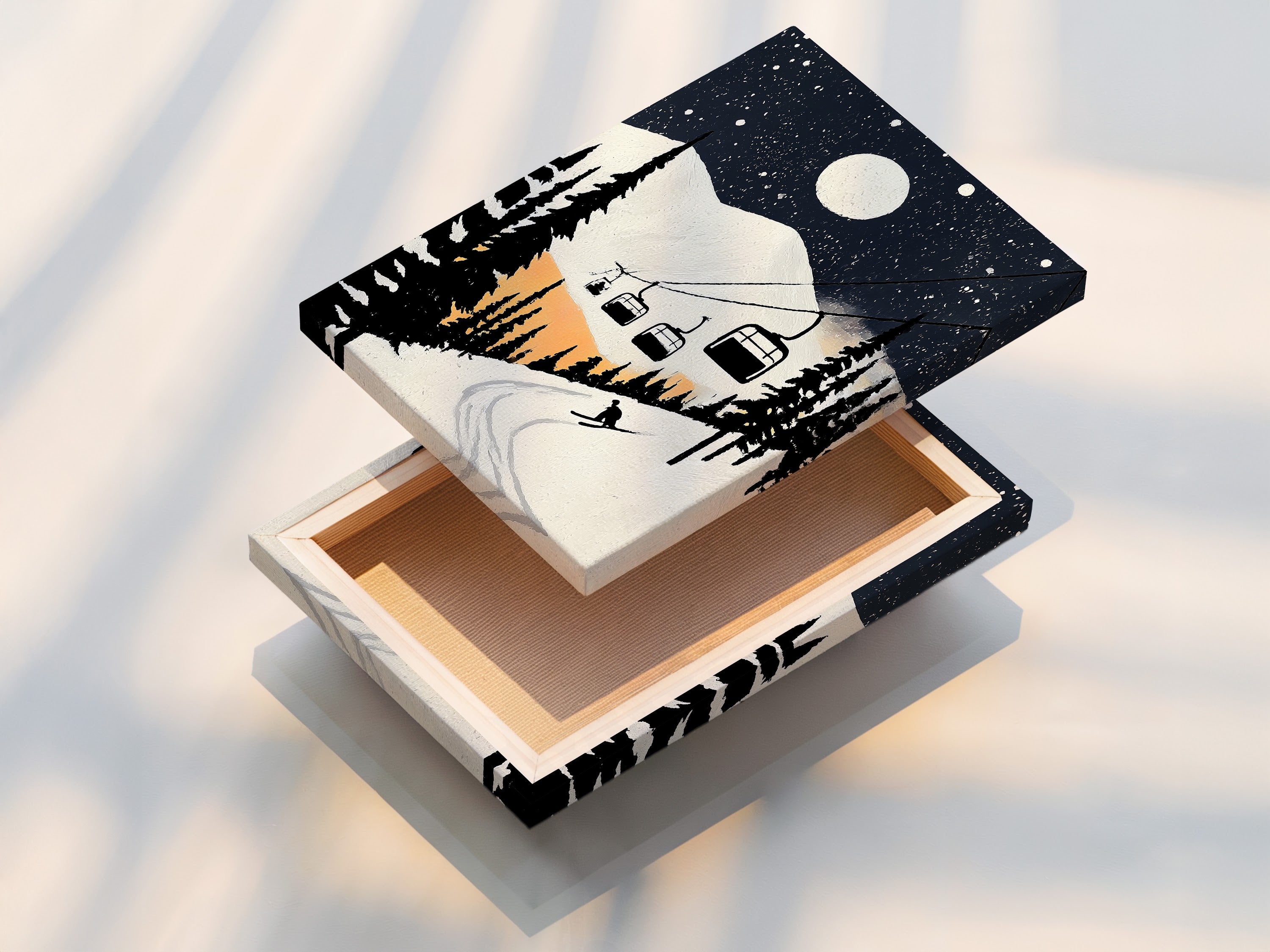 This stretched canvas print displays vibrant winter mountain art. It's ready to hang and transform your space. Featuring a vintage ski lift poster for lodge decor. The snowy night scene wall art adds a cozy touch. Perfect for cabin wall art and ski lodges.