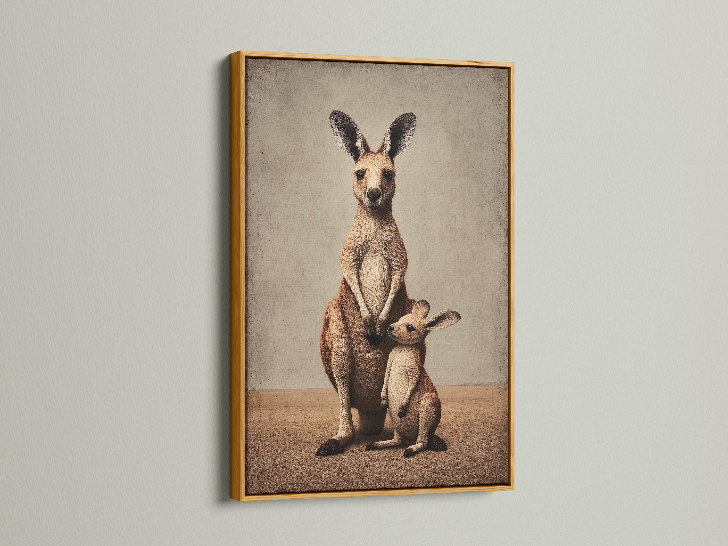 Kangaroo family artwork is set in a gold frame. This vintage animal art exudes charm. It's perfect for nursery decor or a unique gallery wall. The artwork is a timeless piece.