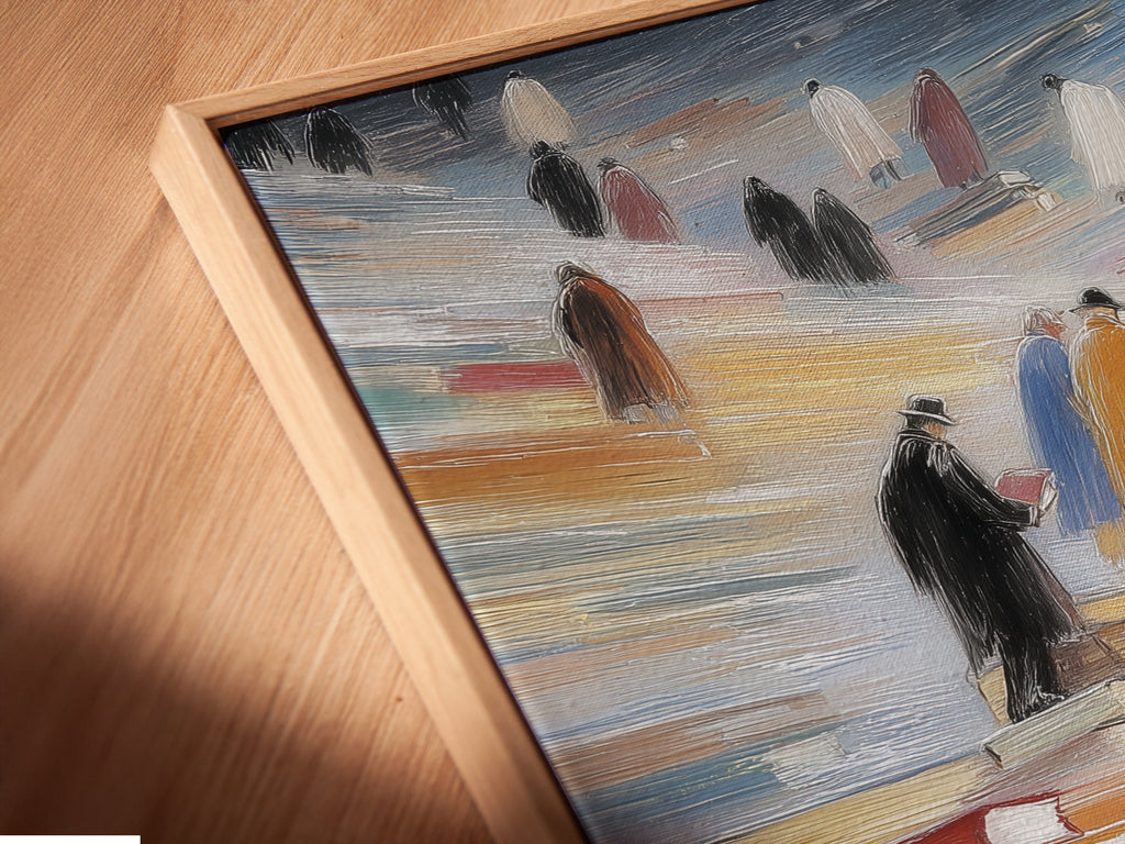 A close-up angled view of a canvas print in a floating frame. The modern Figures on Books artwork is perfect for any room. It is ready to hang and adds a touch of elegance to your academic decor. This artwork is a great addition to your collection.