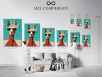 A size comparison chart is displayed in an interior setting. It shows the different sizes available for the llama canvas print. The chart helps visualize the artwork in your space. Retro teal and orange artwork.