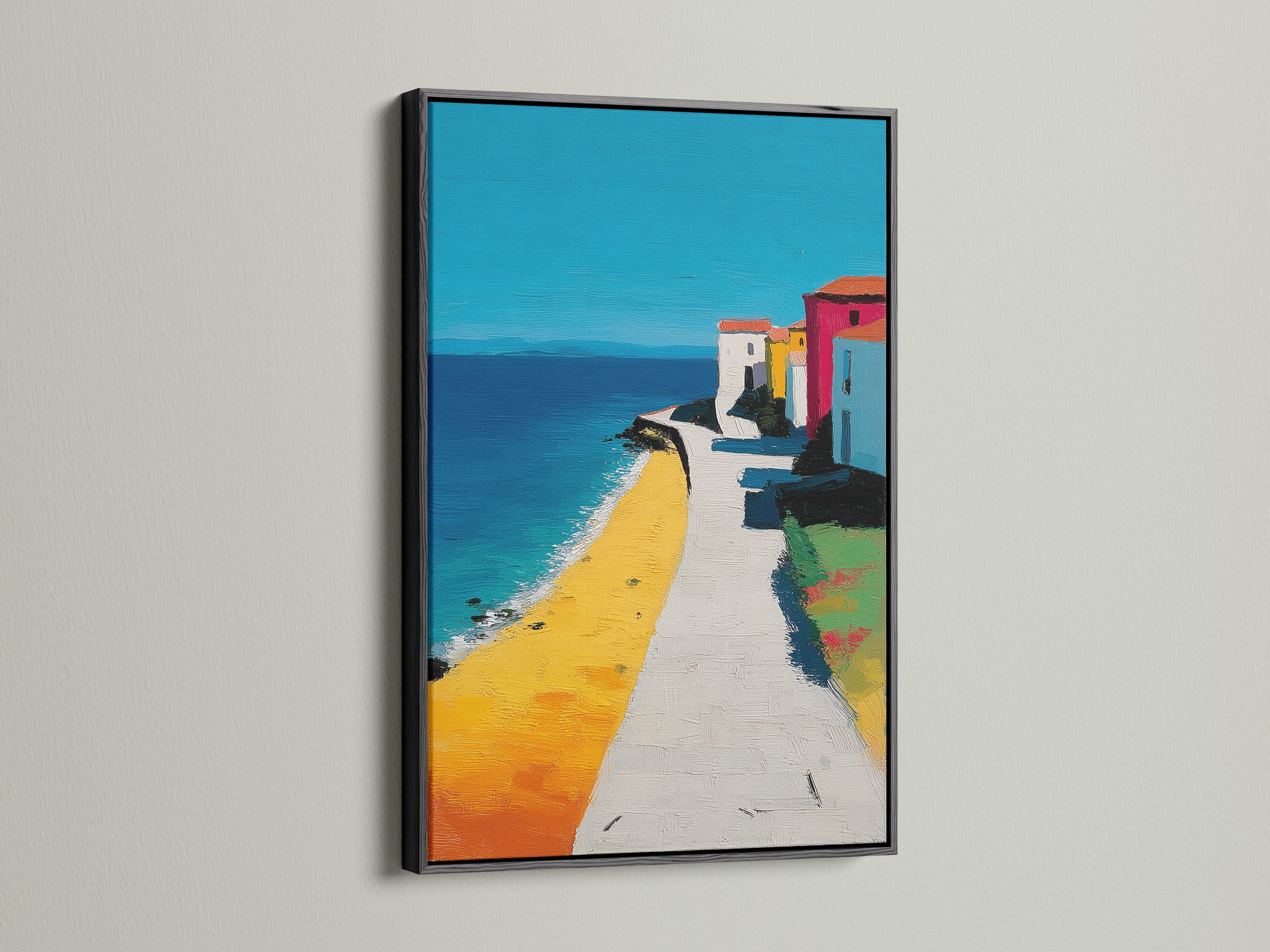 Artwork showcased in a sleek black frame. This timeless choice adds drama and elegance. The black frame makes the colors pop. Perfect for creating a gallery-style display. The frame color gives the artwork a contemporary feel.