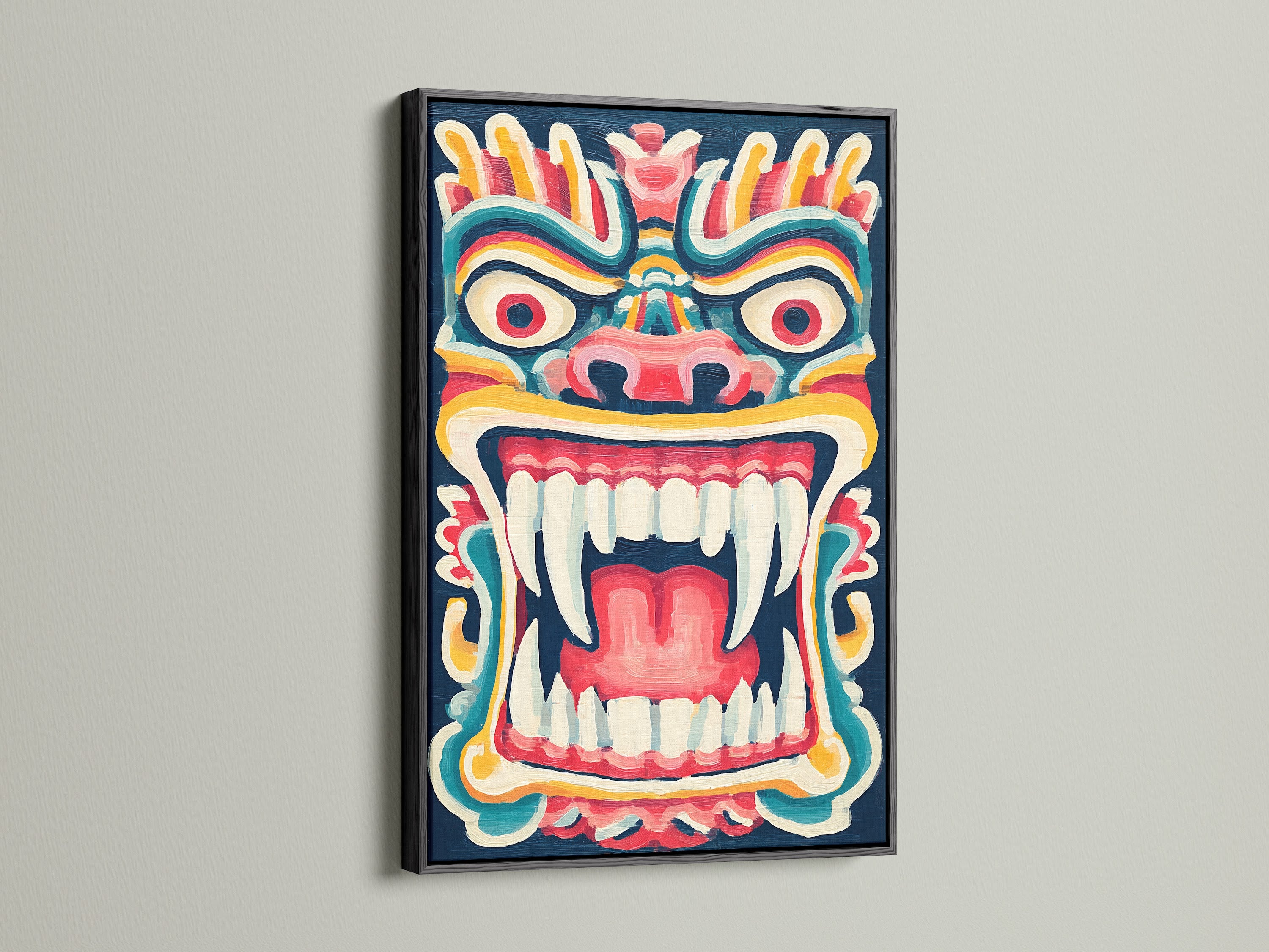 View tribal mask art with a black frame. This folklore print offers a sleek look. The colorful artwork complements any decor. It's a graphic art print for modern spaces. The mask canvas art adds ethnic charm.