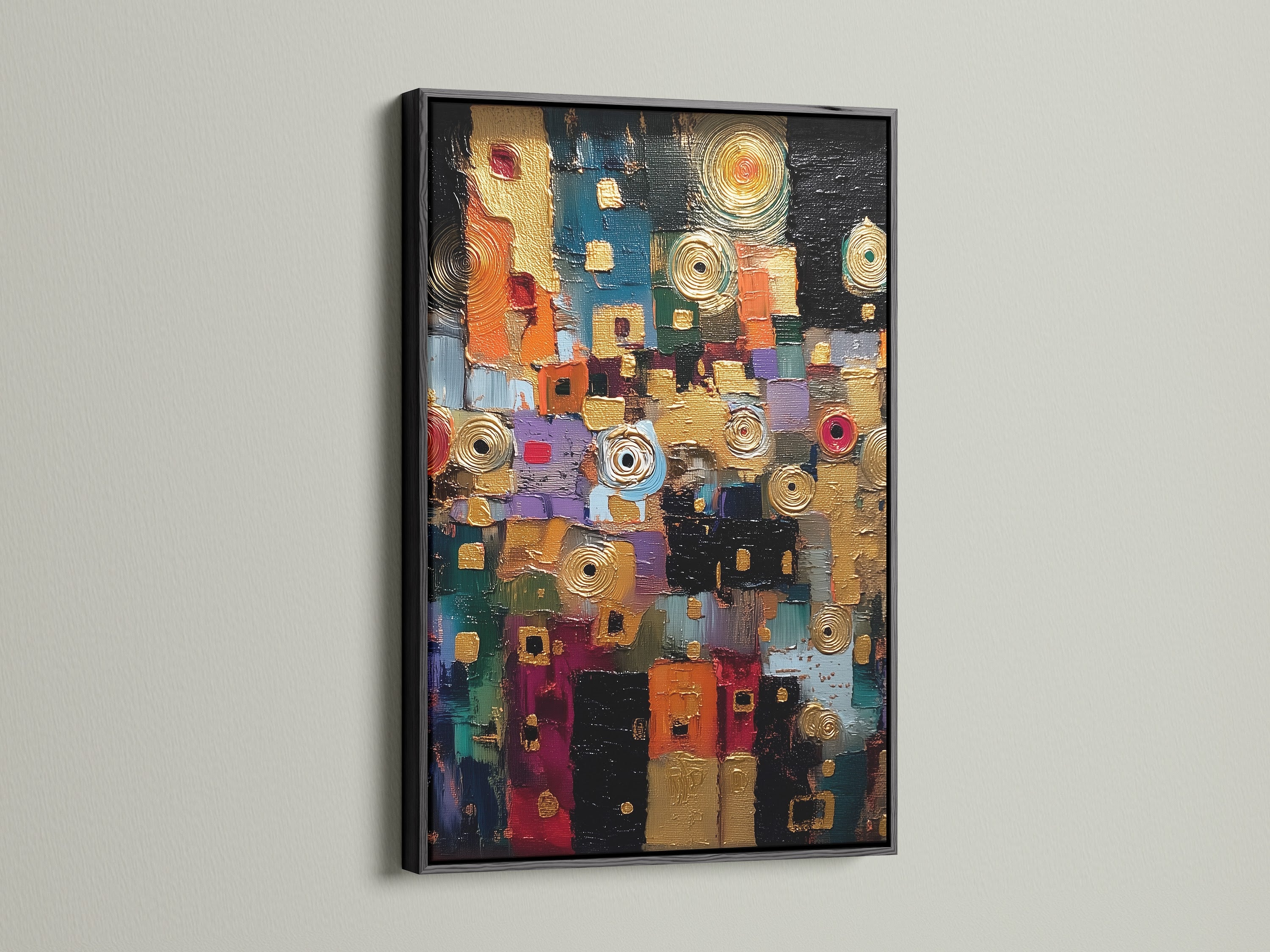 Abstract textured canvas art with a black frame. The colorful modern wall art features a contemporary mixed media print. This vibrant abstract artwork is perfect for office decor. It is ideal for homeowners renters and interior decorators. It enhances living rooms boutiques and offices.