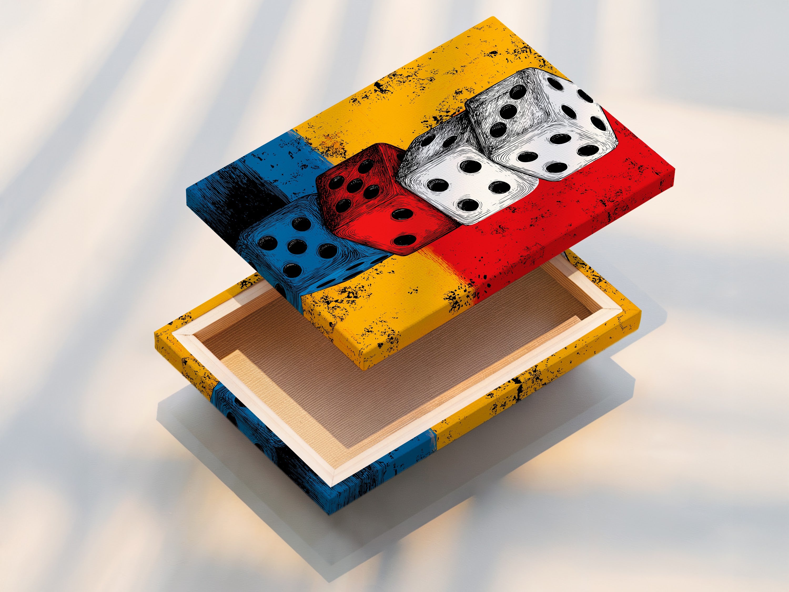 A stretched canvas print of the Vintage Dice artwork. This retro game art is great for dorm wall decor. The primary color is red and the secondary color is yellow. A great dice print for game room art