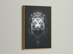 The gold frame adds a touch of luxury to the mystical white tiger artwork. This boho art print shines with elegance. The gold frame accentuates the intricate details of the tribal feathers. Enhance your decor with this exquisite piece.