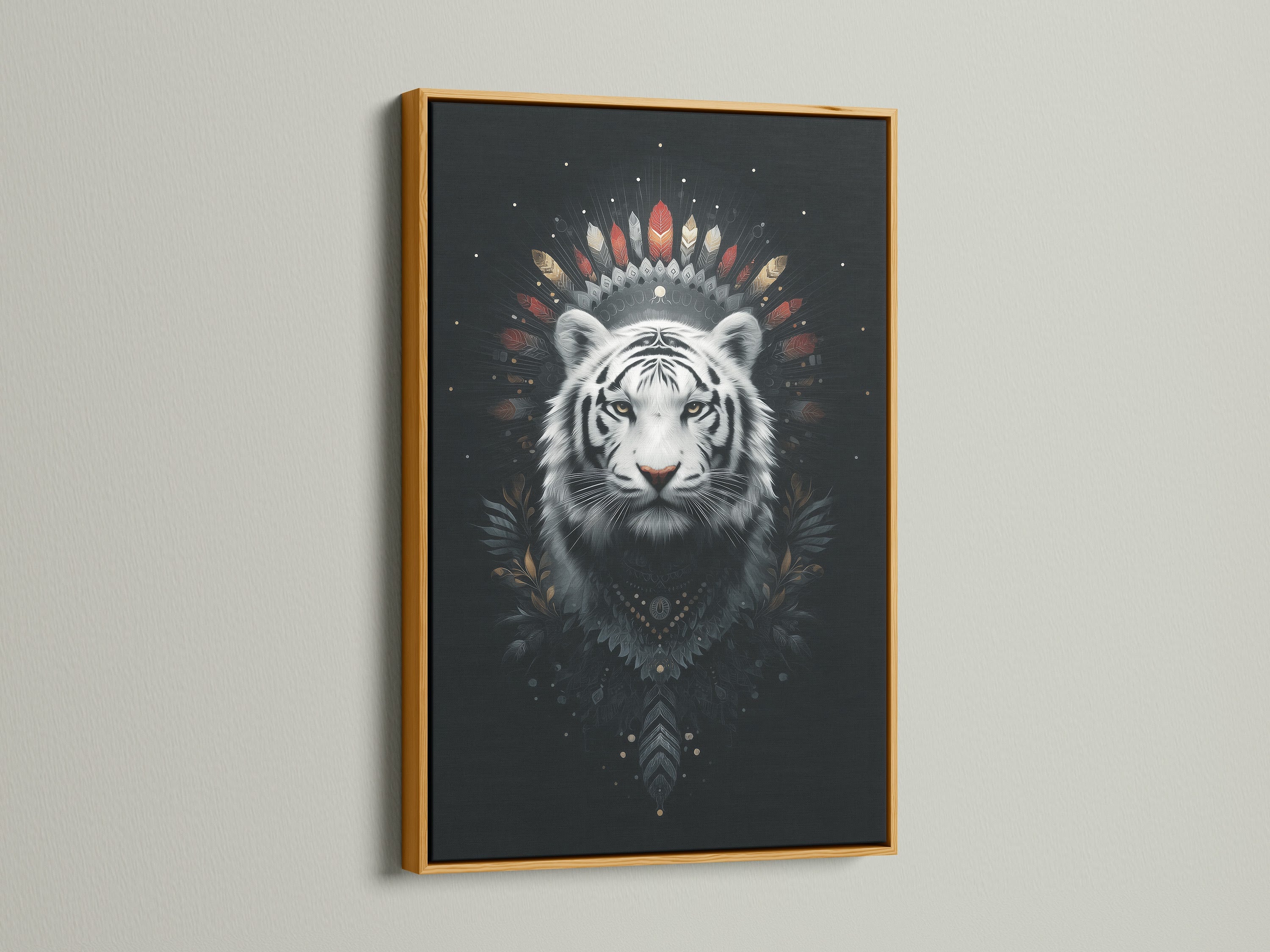 The gold frame adds a touch of luxury to the mystical white tiger artwork. This boho art print shines with elegance. The gold frame accentuates the intricate details of the tribal feathers. Enhance your decor with this exquisite piece.