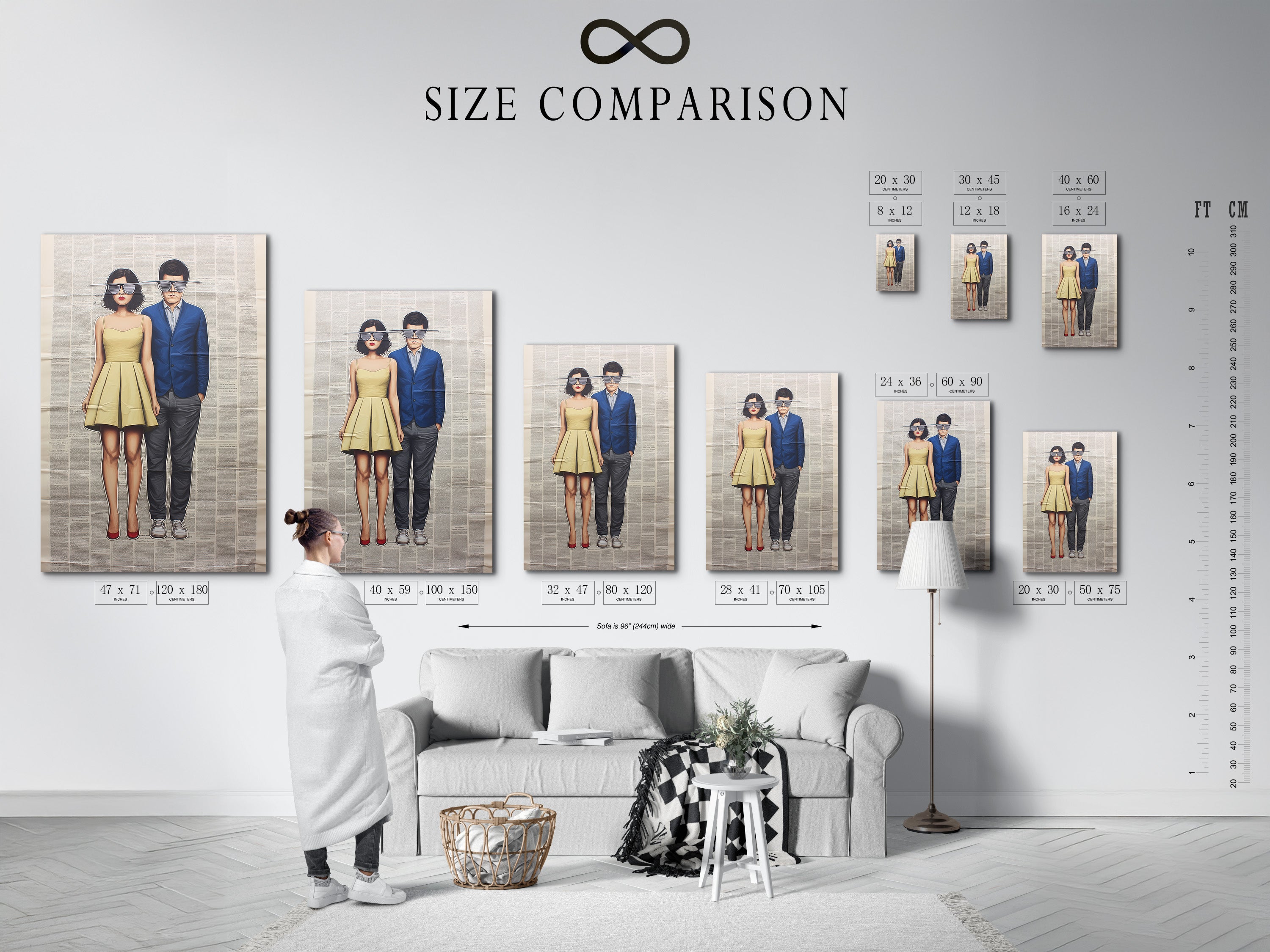 A size comparison chart in an interior setting showcasing various art print sizes. Find the perfect fit for your retro wall decor and gallery wall. Choose from stretched canvas prints fine art poster paper and more.