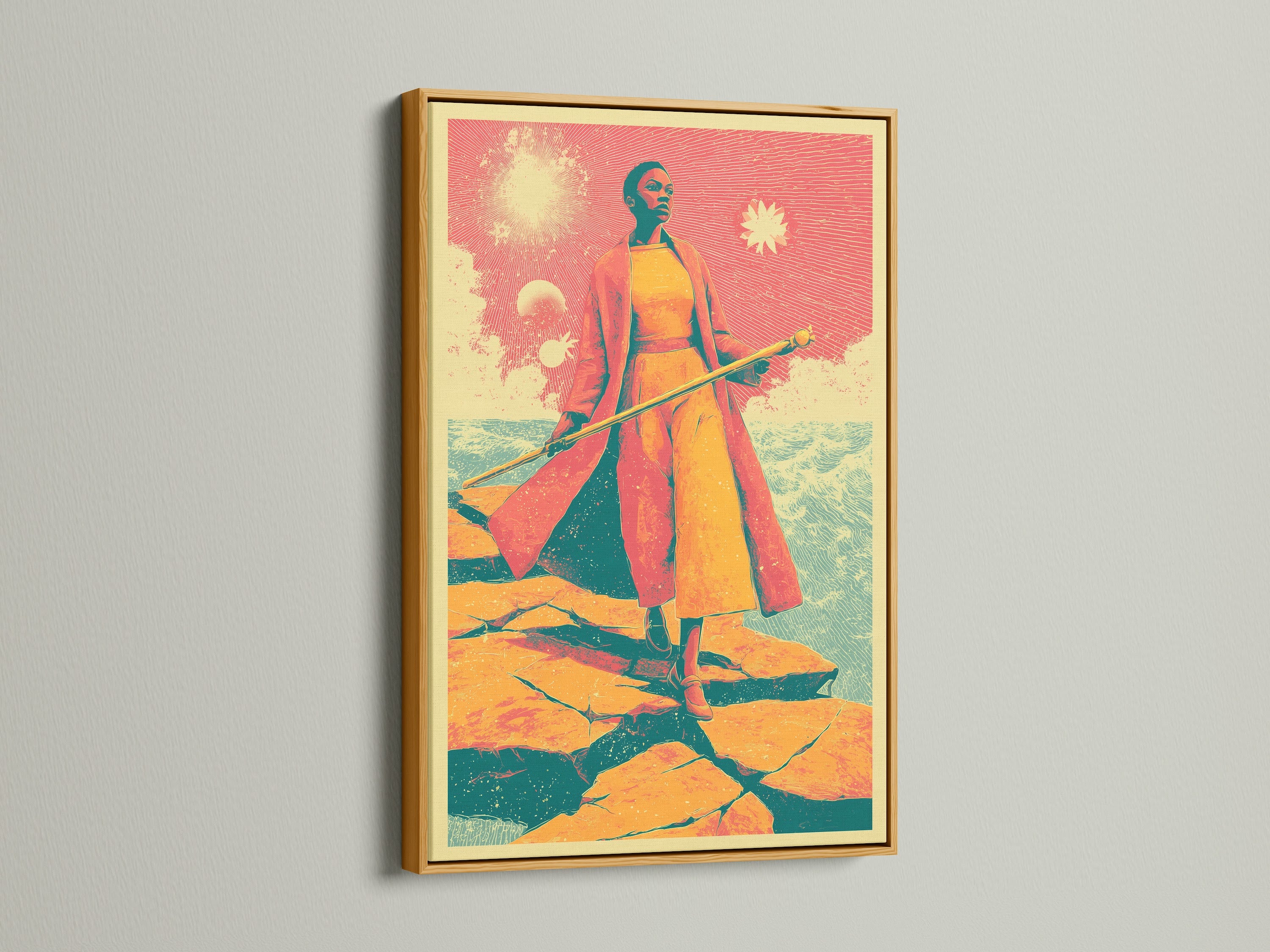 Retro fantasy art print displayed in a gold frame. This vintage sci-fi woman canvas art is a stunning addition. The surreal desert wall decor enhances any room. A great conversation starter. Perfect for adding fantasy woman art to your home. This is great for dens and creative spaces.