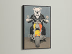Bulldog Biker artwork in a black frame. The artwork is a funny animal art piece that is perfect as a gift for dog lovers. Enhance your office wall art or studio with this cool dog art.