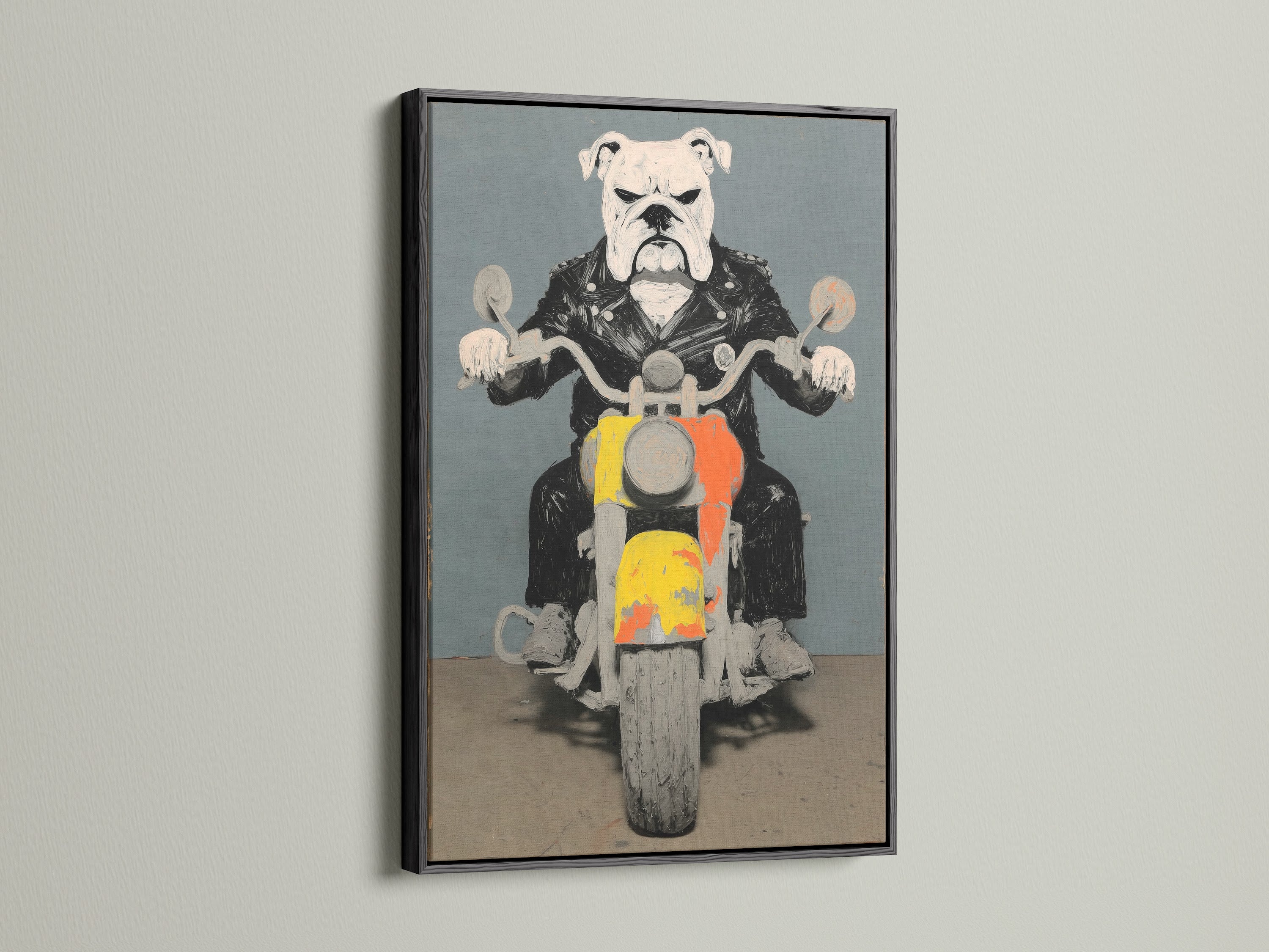 Bulldog Biker artwork in a black frame. The artwork is a funny animal art piece that is perfect as a gift for dog lovers. Enhance your office wall art or studio with this cool dog art.