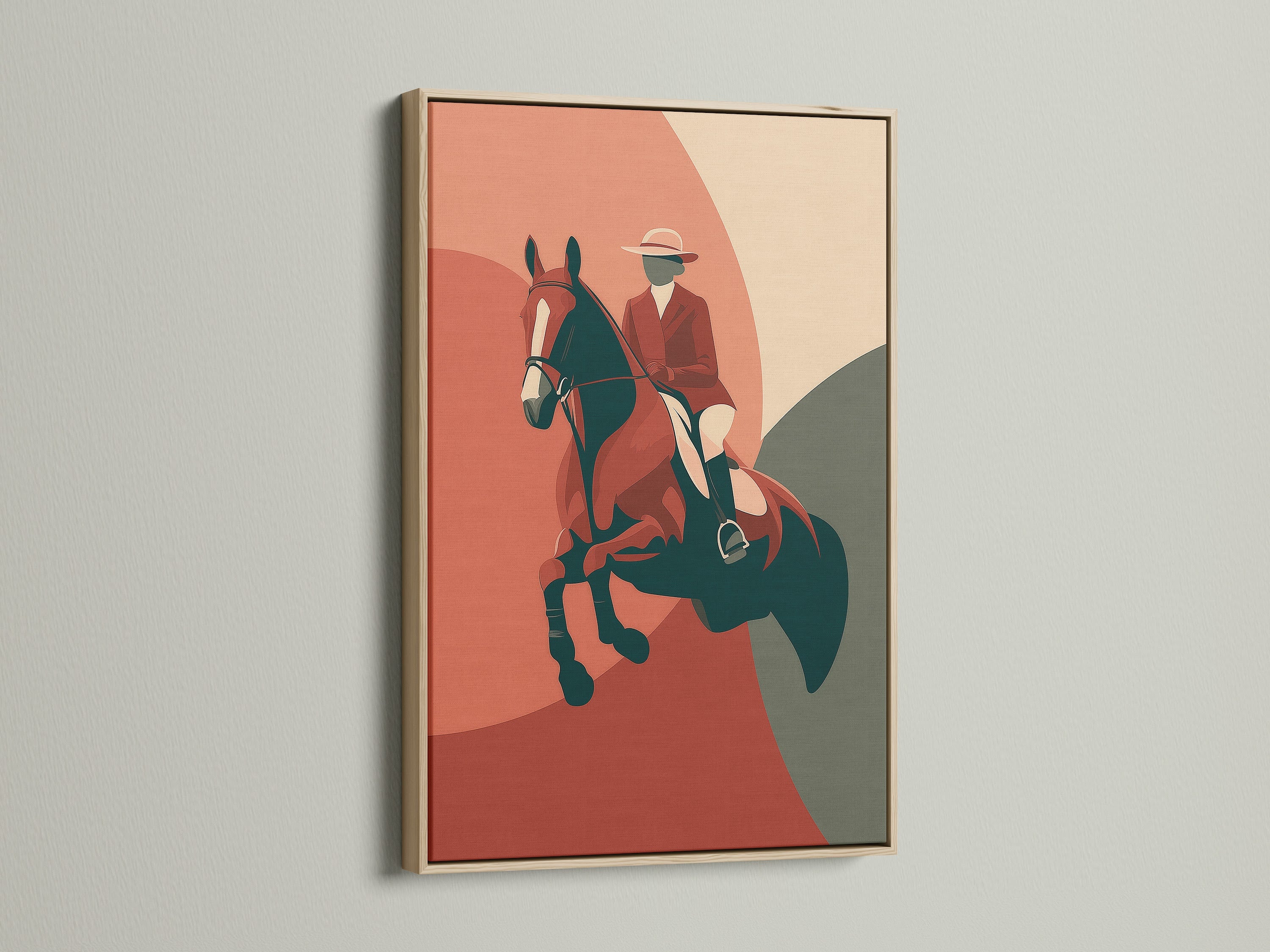 The artwork is framed in a light oak wood. The frame is a sleek modern style. This oak frame enhances the colors and details of the artwork. It brings a natural warmth to the piece and the room.