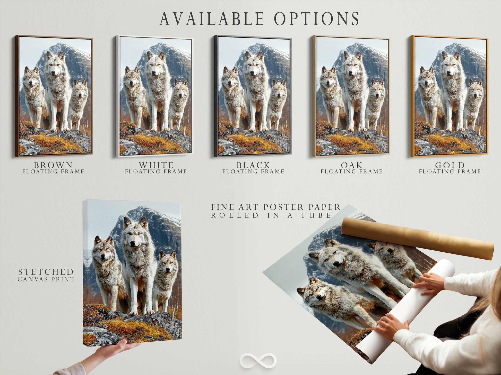 Available options for the wolf art canvas print are showcased. Options include stretched canvas print fine art poster paper and floating frame. Customize your artwork to fit your style. The wildlife animal artwork will enhance any room. The mountain landscape artwork is ideal for creating a nature-inspired theme.