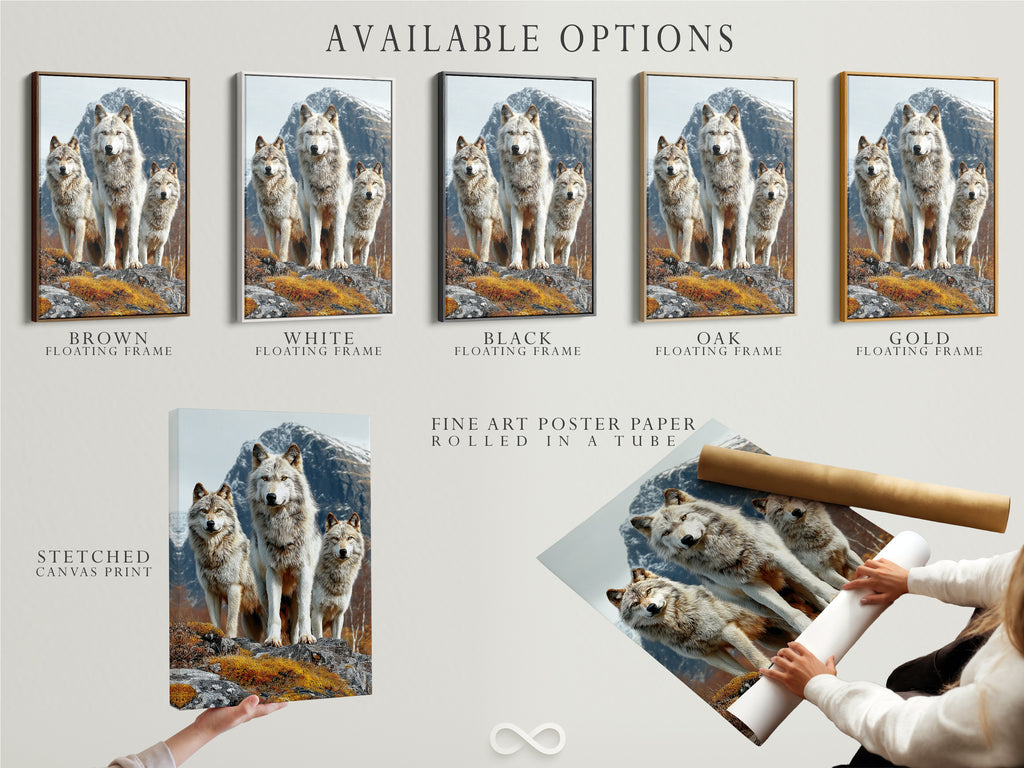 Explore the available options for the wolf pack artwork. Options include stretched canvas print fine art poster paper and floating frame. Customize your wildlife print to match your style. This animal canvas is perfect for cabin decor. Create your perfect wolf art.