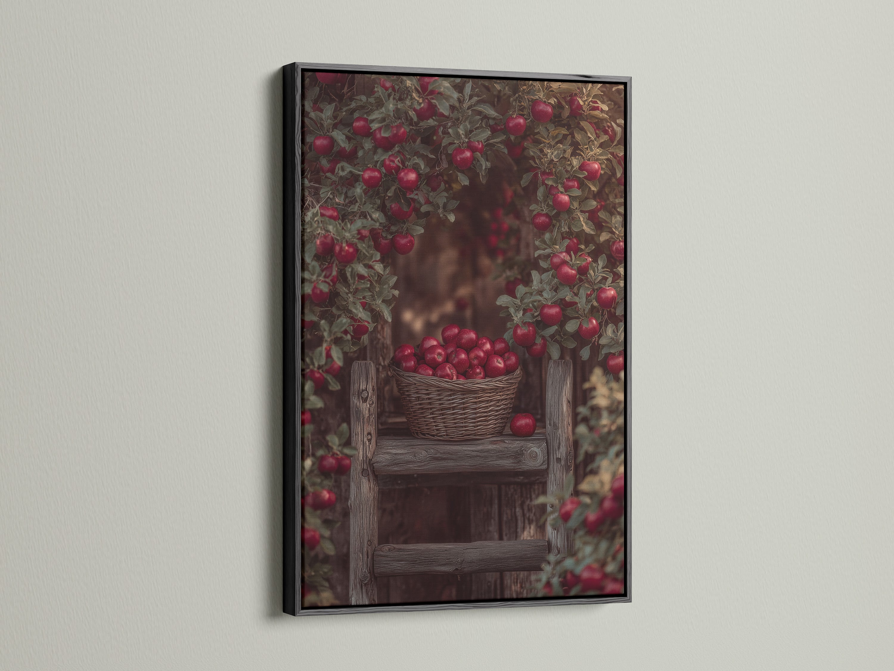 Apple Orchard art showcased in a black frame. This artwork offers a modern contrast to the vintage harvest scene. The black frame makes the fruit art prints stand out. Elevate your rustic home decor.