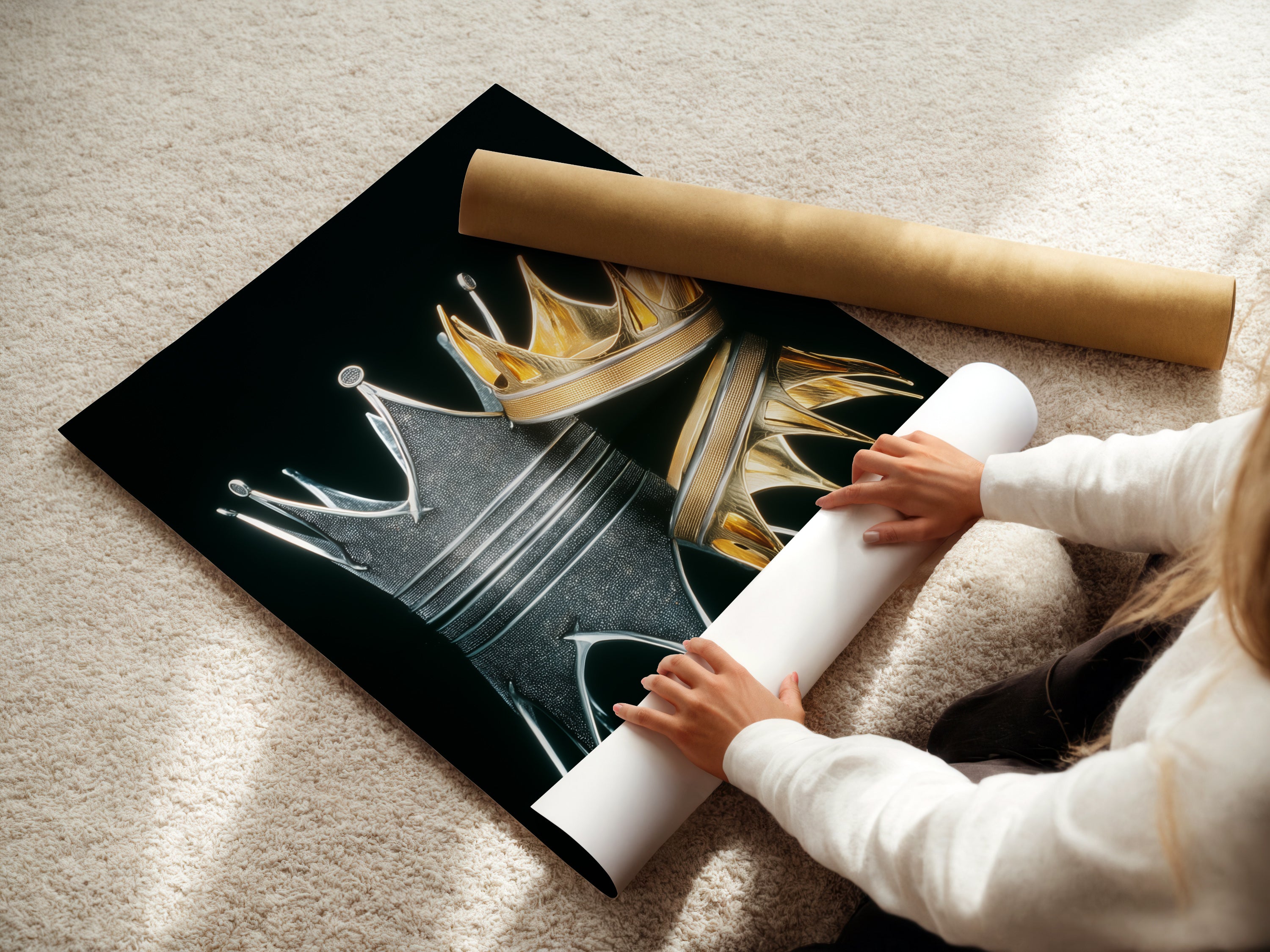 A woman is carefully handling fine art poster paper. She is preparing to create a Crowns Canvas Print. High-quality materials ensure a stunning final product. Perfect for creating custom wall art. Discover our range of regal decor.