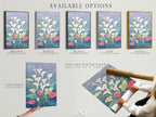 Available options are displayed. A stretched canvas print is an option. Another option is fine art poster paper. A floating frame is the final option. All feature the Calla Lily floral botanical artwork. Ideal for modern spring decor.