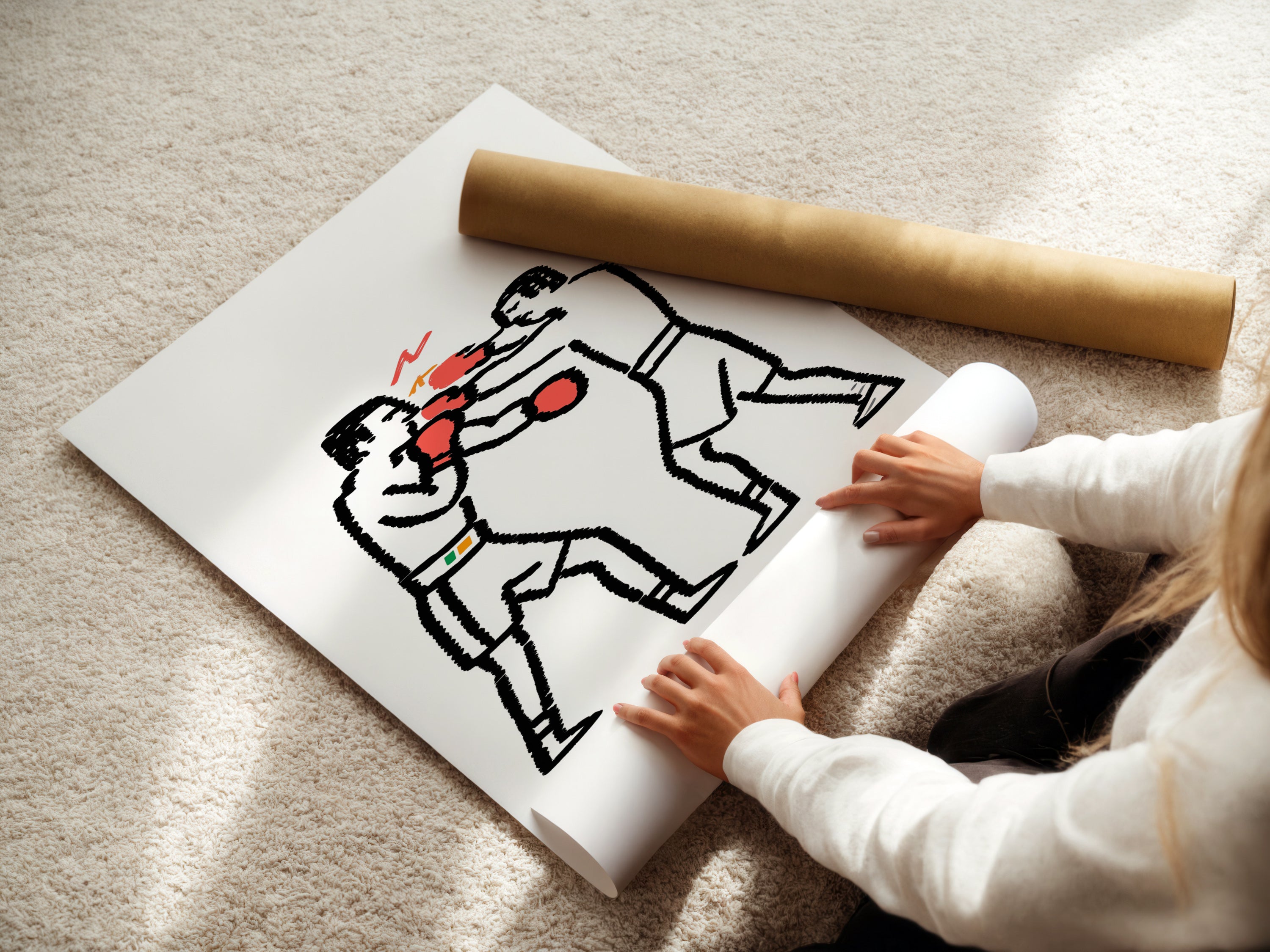 A woman carefully rolling a fine art poster paper featuring the boxing match artwork. The minimalist sport artwork showcases two boxers with red gloves. This poster is perfect for any boxing or sports fans. Ready to frame and display.