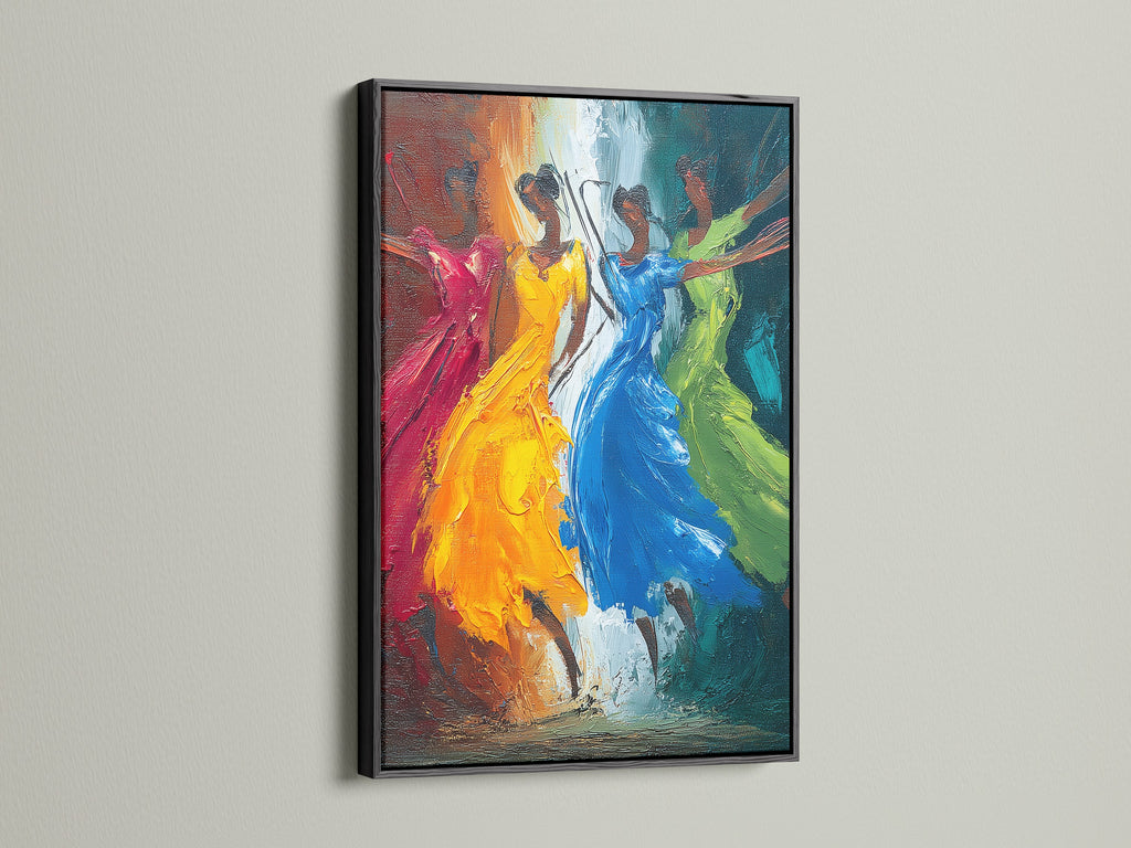 Dancing Figures colorful abstract artwork in a sleek black frame. This vibrant movement wall artwork brings a bold contrast to your modern decor. It's ideal for creating a statement in any room.