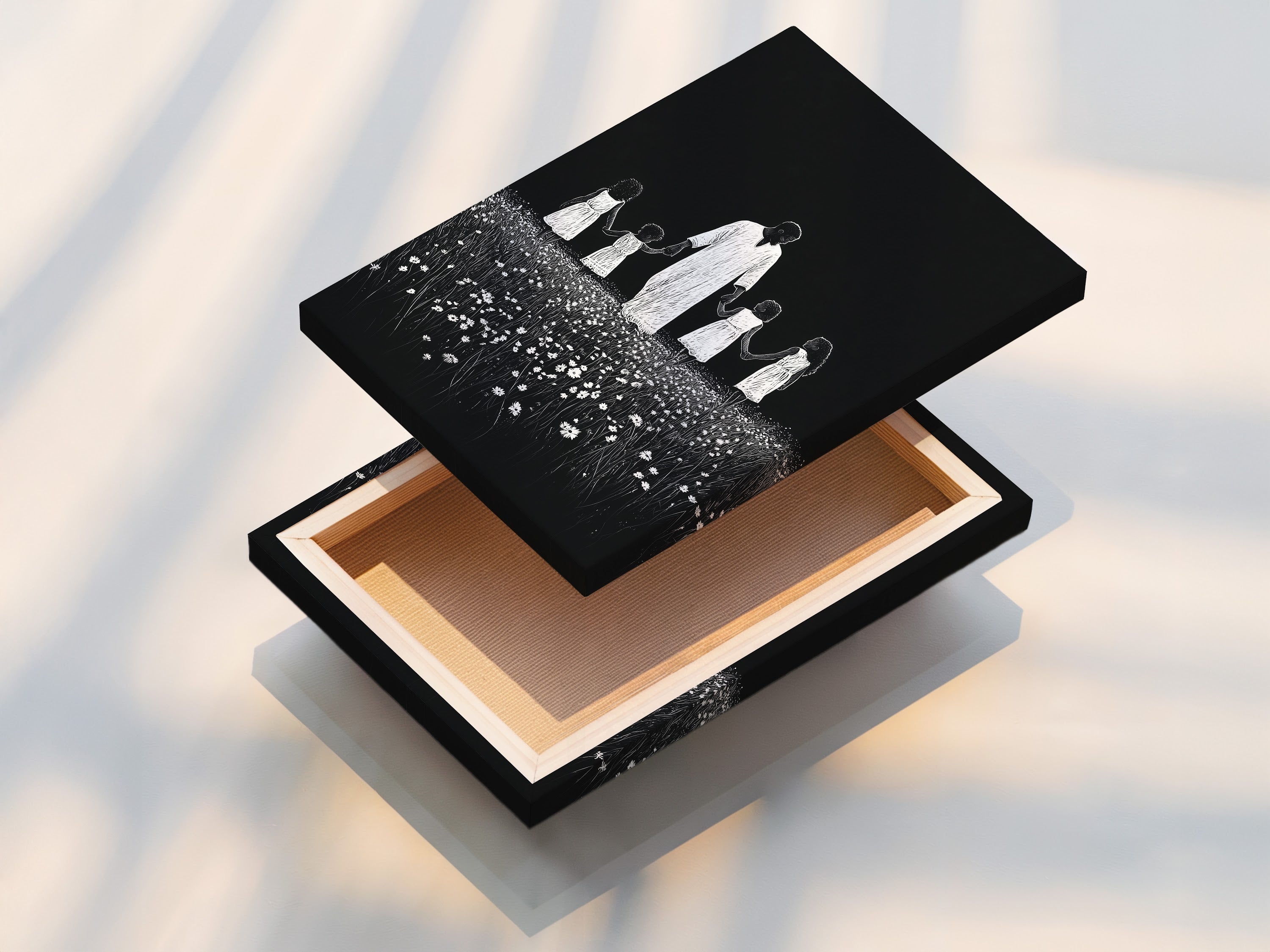 A stretched canvas print is displayed. The art features a symbolic depiction. It shows a man holding hands with children in a field of flowers. The stretched canvas print provides a gallery-ready appearance. It offers a professional and polished finish.