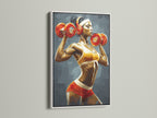 A white-framed fitness artwork of a weightlifting woman adds a clean touch to any space. This motivational gym artwork enhances a home gym. The strong woman art celebrates fitness and dedication. Perfect for workout wall decor.