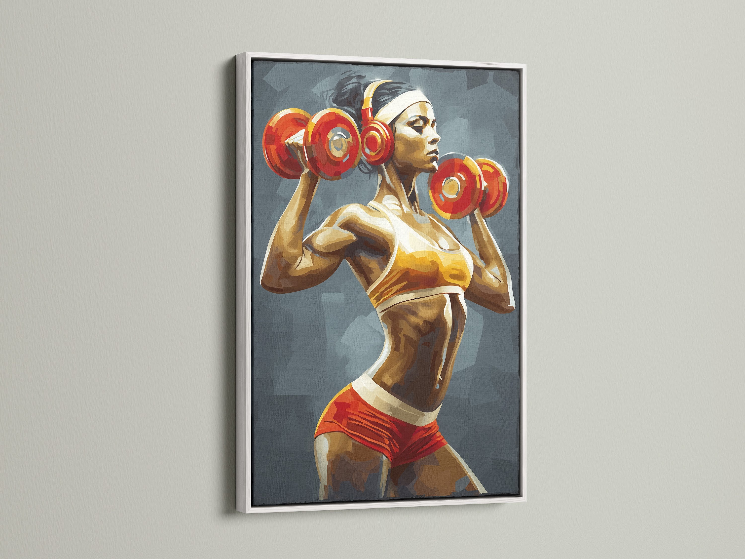 A white-framed fitness artwork of a weightlifting woman adds a clean touch to any space. This motivational gym artwork enhances a home gym. The strong woman art celebrates fitness and dedication. Perfect for workout wall decor.