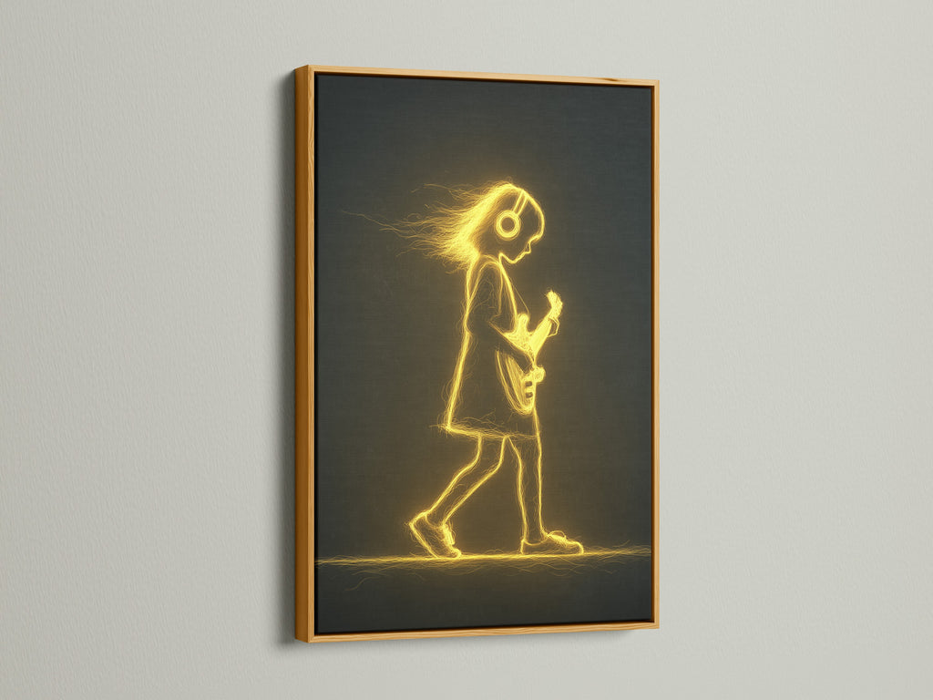 The Guitar Player Canvas Art looks amazing with a gold frame. This vibrant neon canvas print is perfect. Use it to add a musical touch to a living room. The musician artwork is great for bedroom wall decor. It creates a golden light.