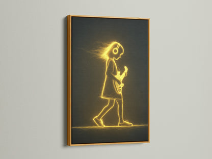 The Guitar Player Canvas Art looks amazing with a gold frame. This vibrant neon canvas print is perfect. Use it to add a musical touch to a living room. The musician artwork is great for bedroom wall decor. It creates a golden light.