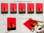 Explore available options for the Cowboy Sunset artwork. Choose from a stretched canvas print fine art poster paper or floating frame. The red orange silhouette is stunning in any format. Customize your western wall art to match your personal style.
