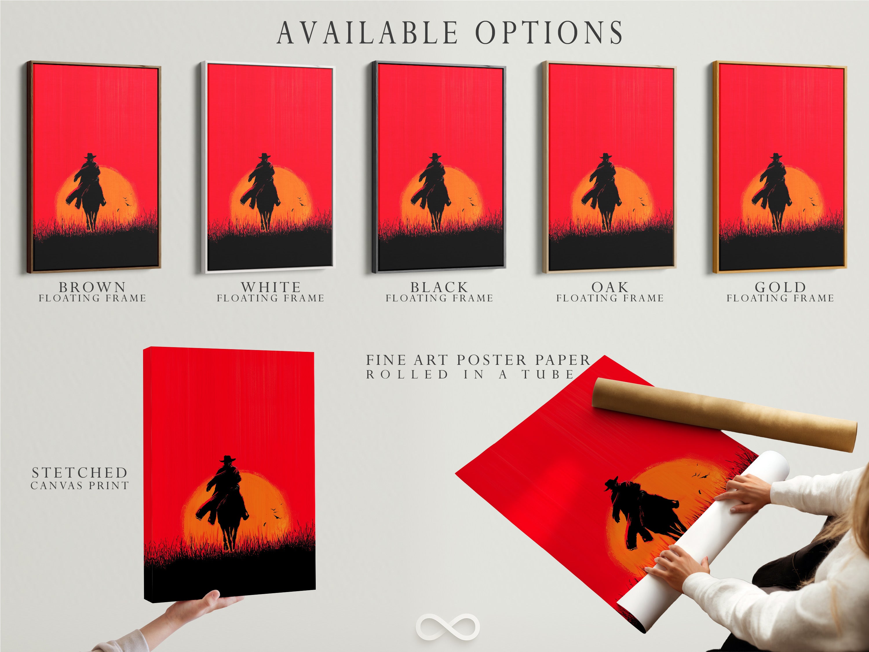 Explore available options for the Cowboy Sunset artwork. Choose from a stretched canvas print fine art poster paper or floating frame. The red orange silhouette is stunning in any format. Customize your western wall art to match your personal style.