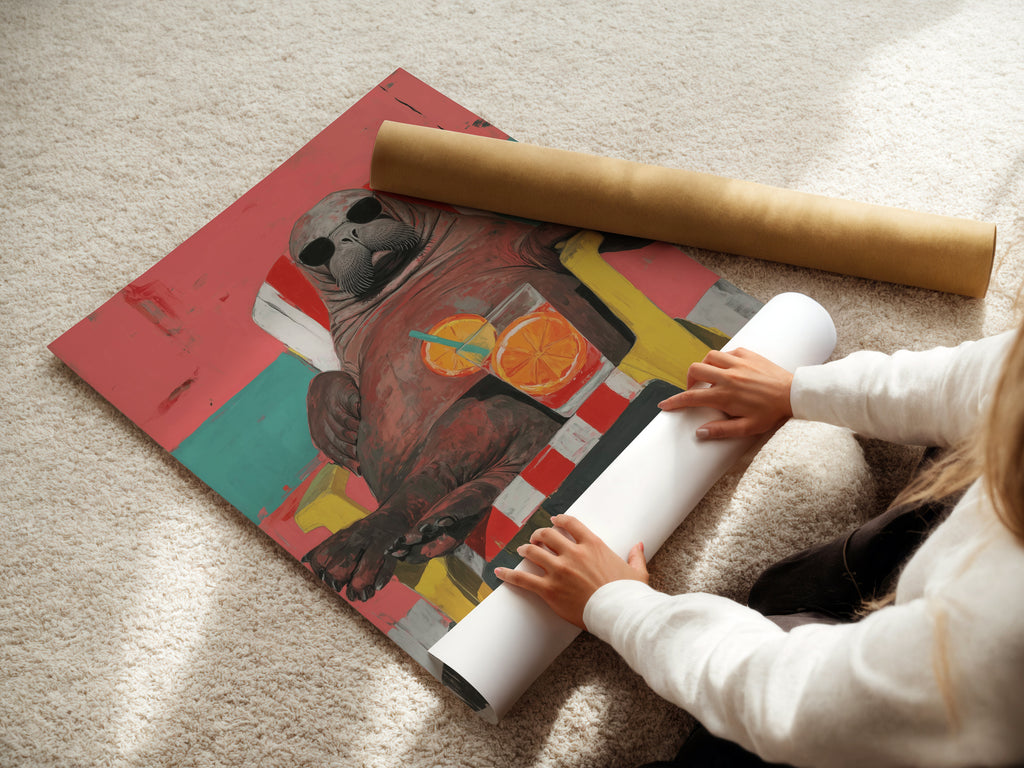 A woman is carefully rolling a fine art poster paper. The paper features the Walrus Wall Art Print. This quirky animal art brings retro summer vibes. It's perfect for beach house decor and adding a fun touch. The poster showcases coral pink and teal colors. It is ideal for coastal and tropical themed spaces.