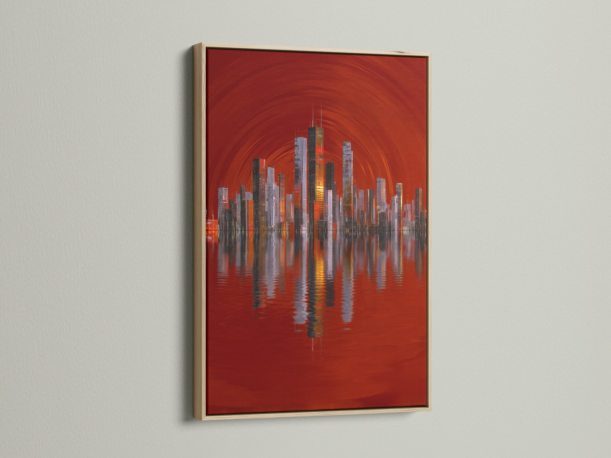 An oak frame showcases a stunning city skyline artwork. The red abstract urban art brings a modern touch to any space. Perfect for cityscape wall art and architectural artwork. Its a great piece for office or home decor.